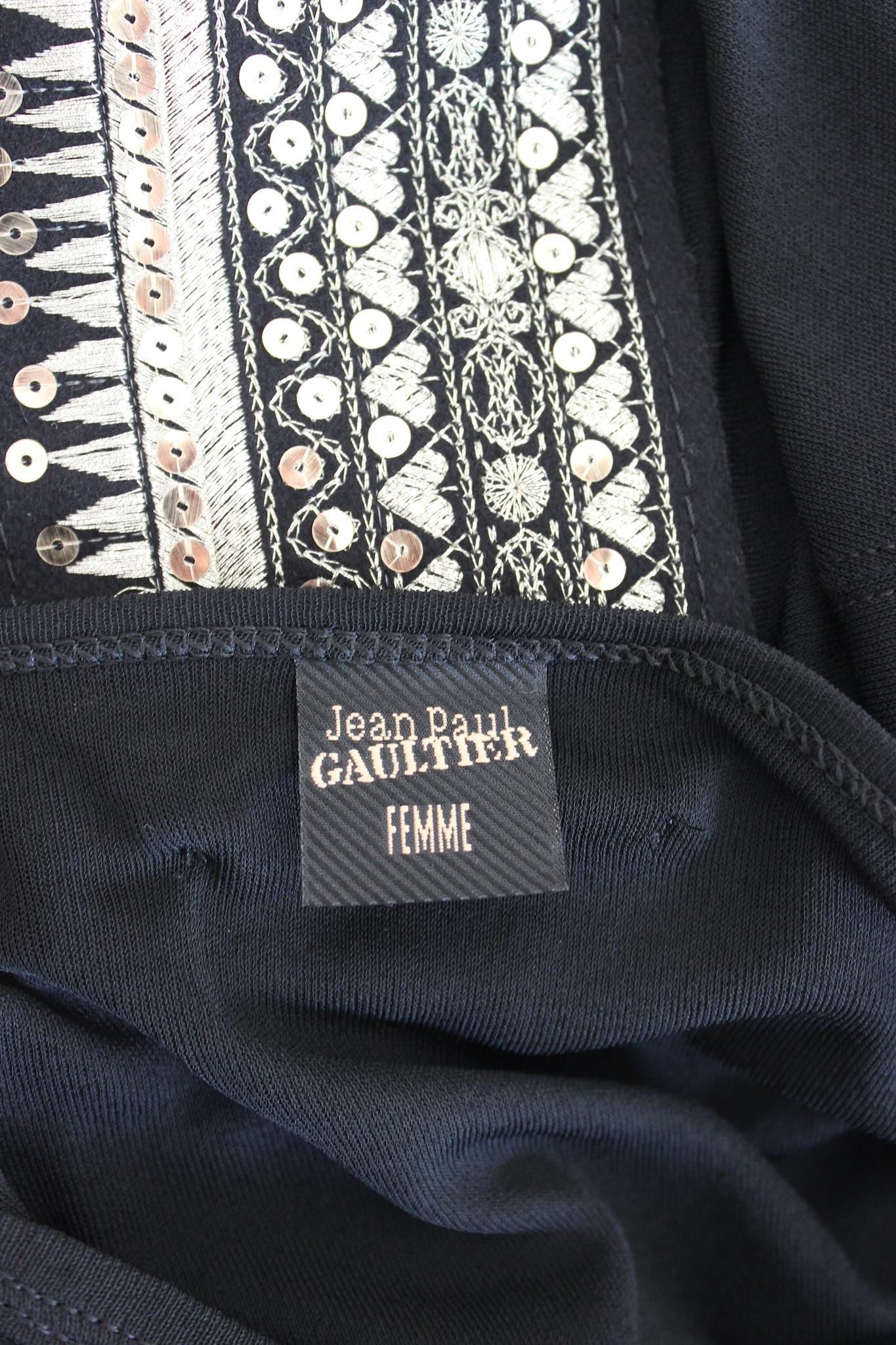 Jean Paul Gaultier Schwarz Gold Pailletten Leder T Shirt 2000s im Angebot 3