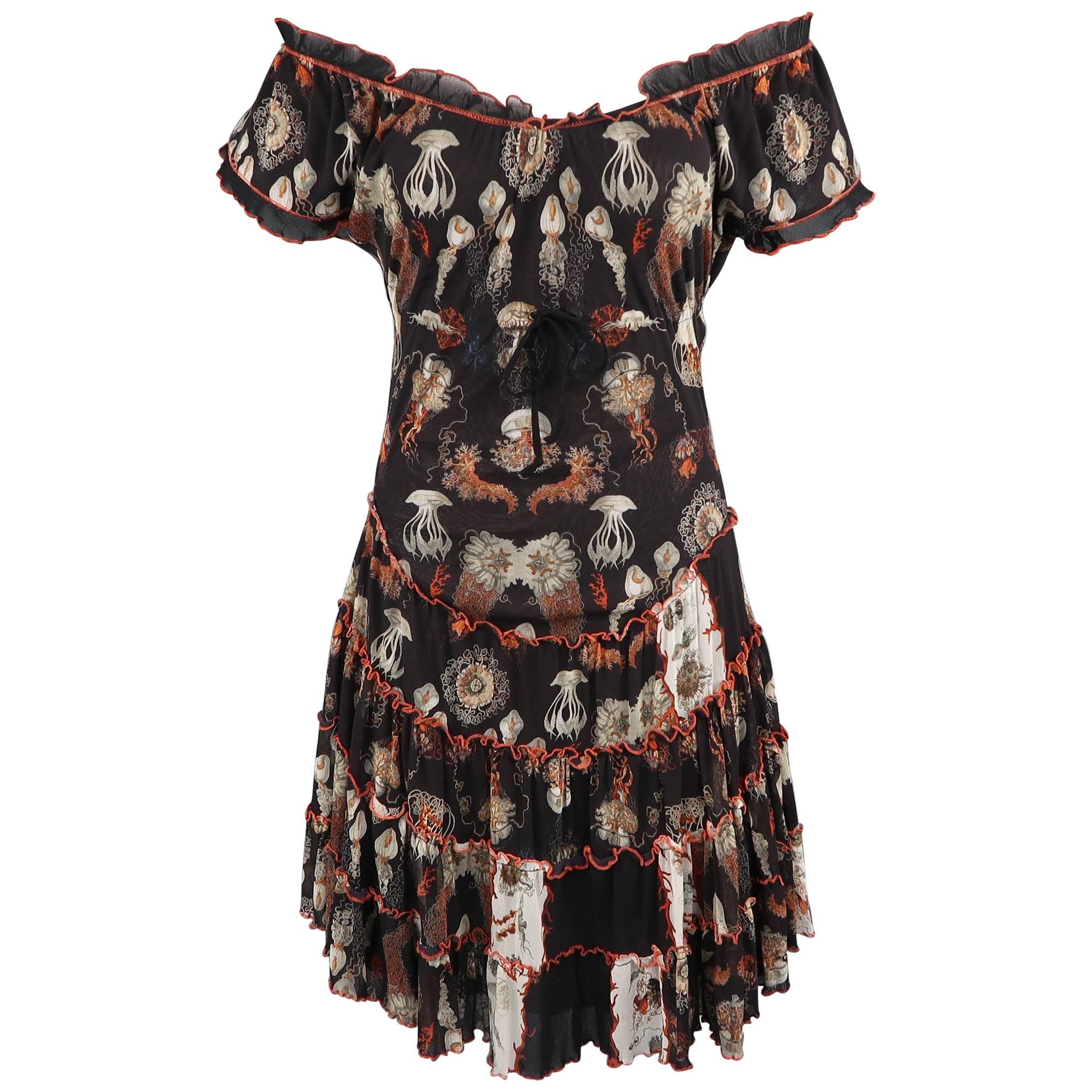 Jean Paul Gaultier Black Jellyfish Print Mesh Ruffle Skirt Dress