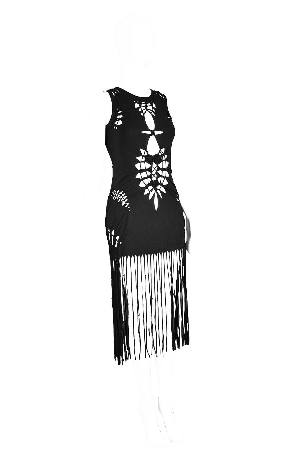 Women's Jean Paul Gaultier Black Jersey Macrame Fringed Mini Runway Dress, Spring 2001