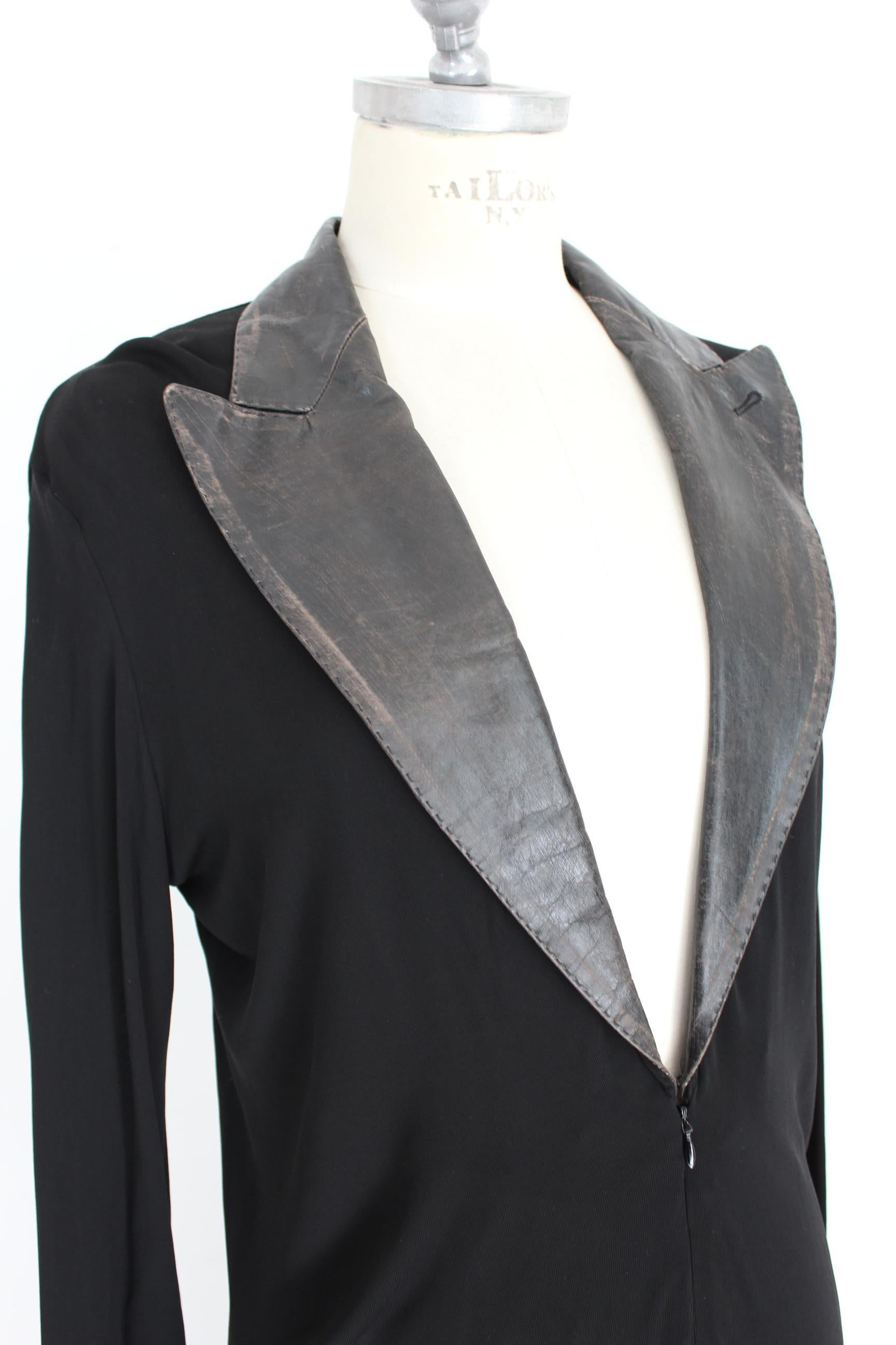 Jean Paul Gaultier Black Jumpsuit Leather Plunge V-Neck Collar Elegant 1990s 2
