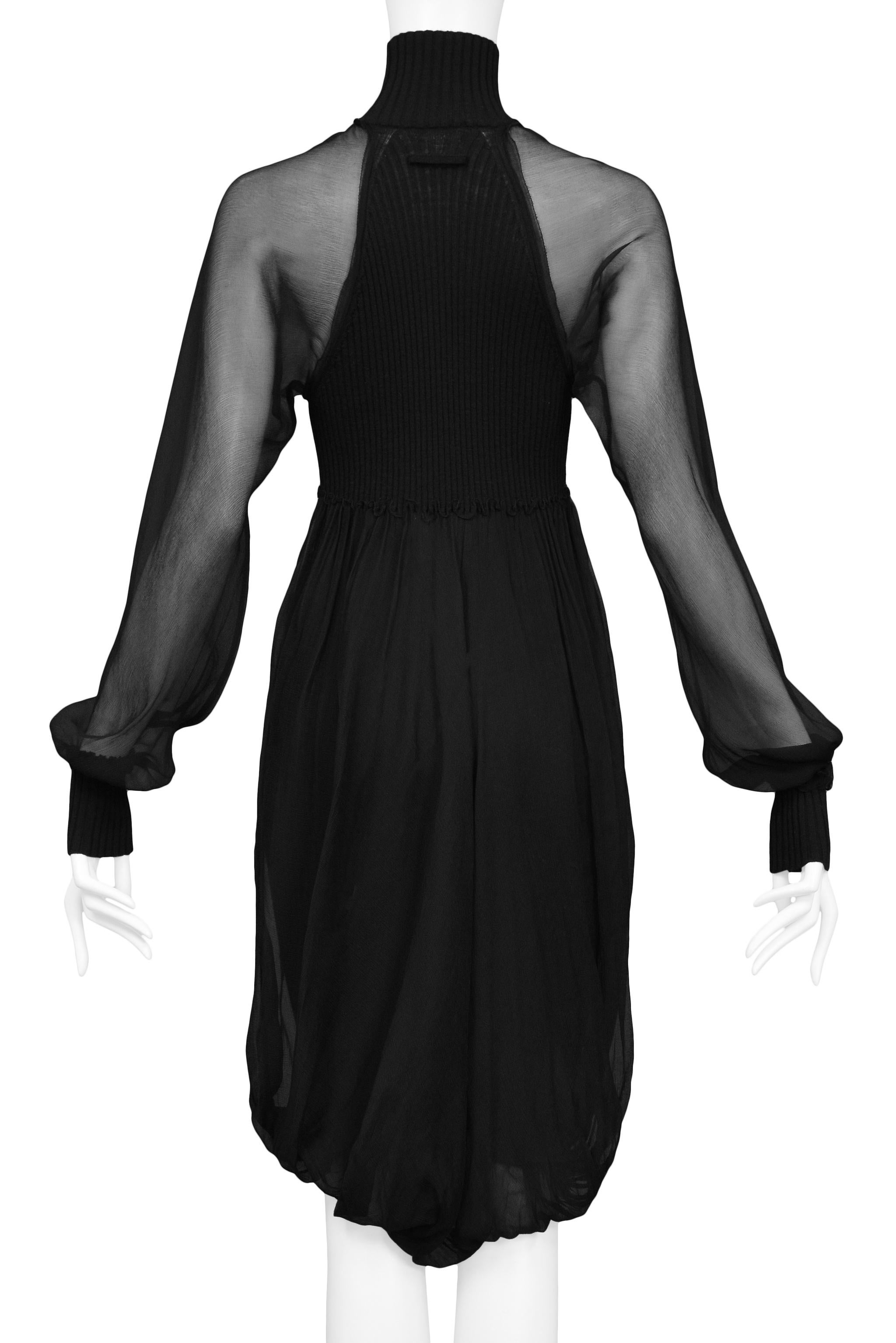 Jean Paul Gaultier Black Knit Illusion Dress With Chiffon Overlay & Sleeves In Excellent Condition For Sale In Los Angeles, CA