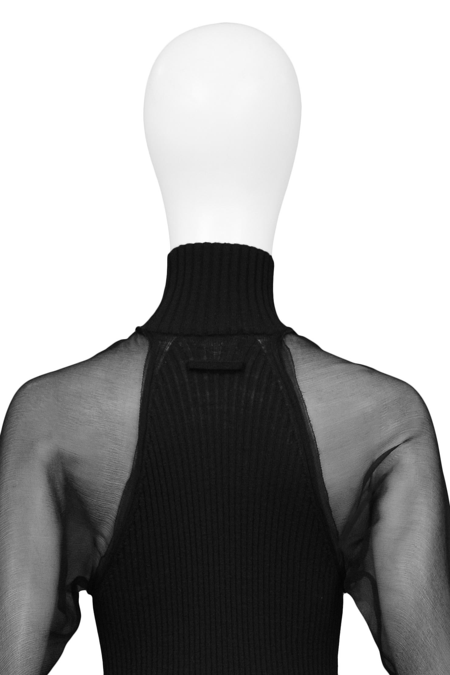 Women's Jean Paul Gaultier Black Knit Illusion Dress With Chiffon Overlay & Sleeves