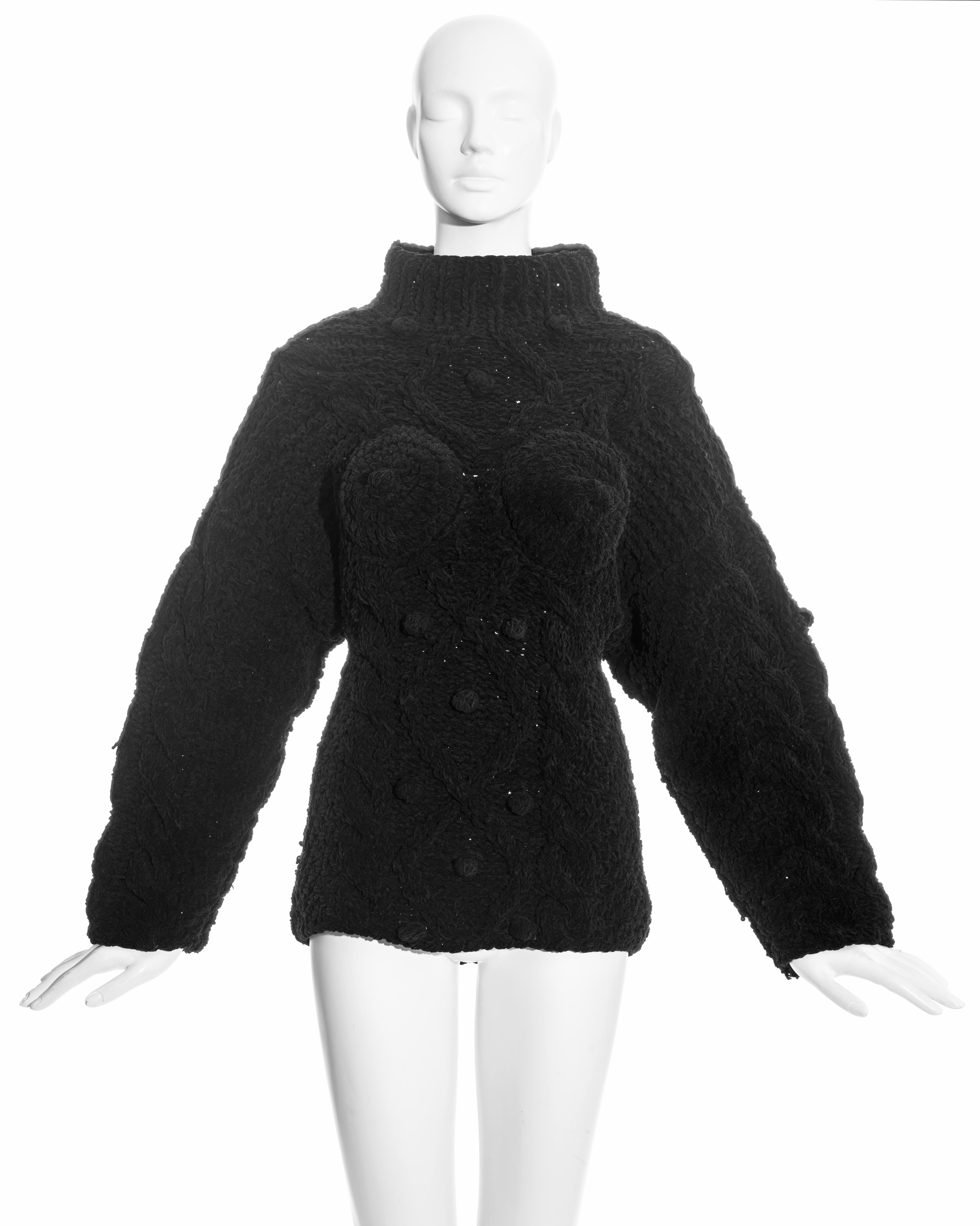Jean Paul Gaultier black knitted chenille aran conical breast sweater, fw 1985 In Excellent Condition For Sale In London, GB