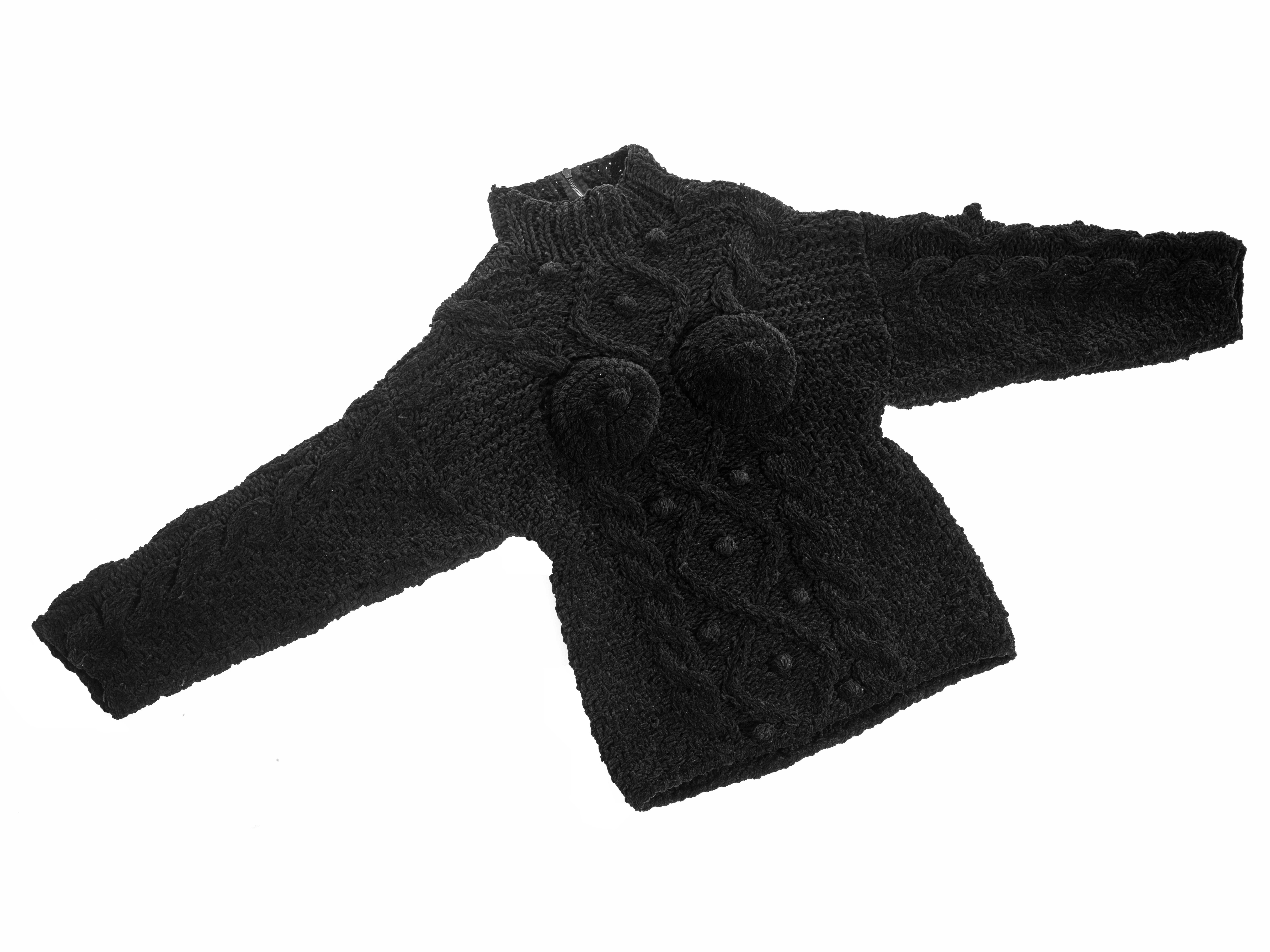 Women's Jean Paul Gaultier black knitted chenille aran conical breast sweater, fw 1985 For Sale