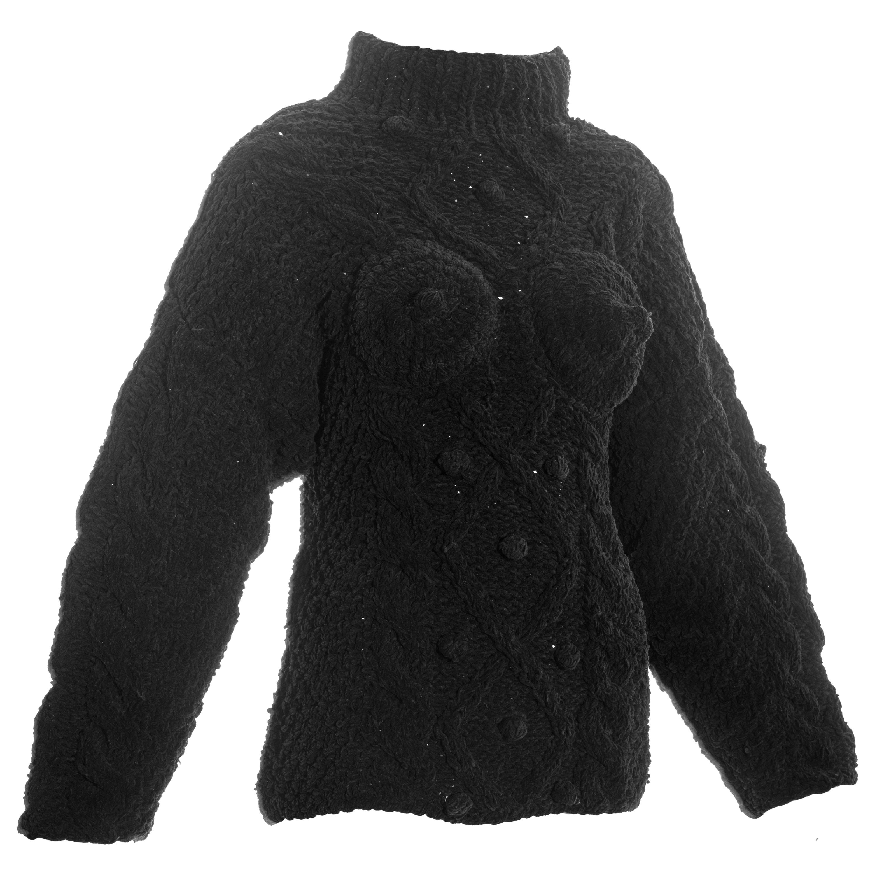 Jean Paul Gaultier black knitted chenille aran conical breast sweater, fw 1985 For Sale