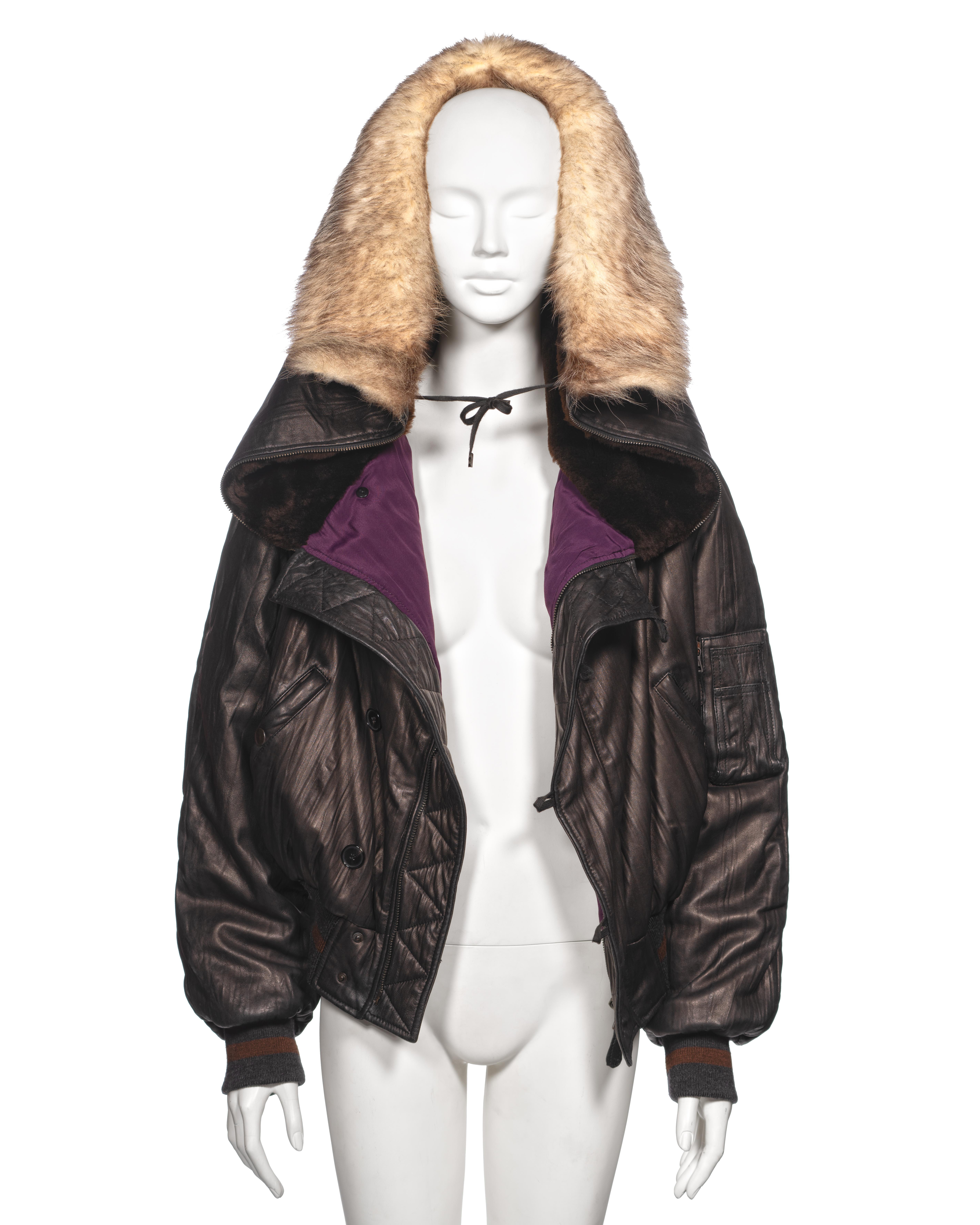 Women's Jean Paul Gaultier Black Leather and Sheepskin Hooded Bomber Jacket, fw 2003