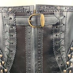 JEAN PAUL GAULTIER Black Leather Perforated Lace Up Whip Stitch Corset Belt