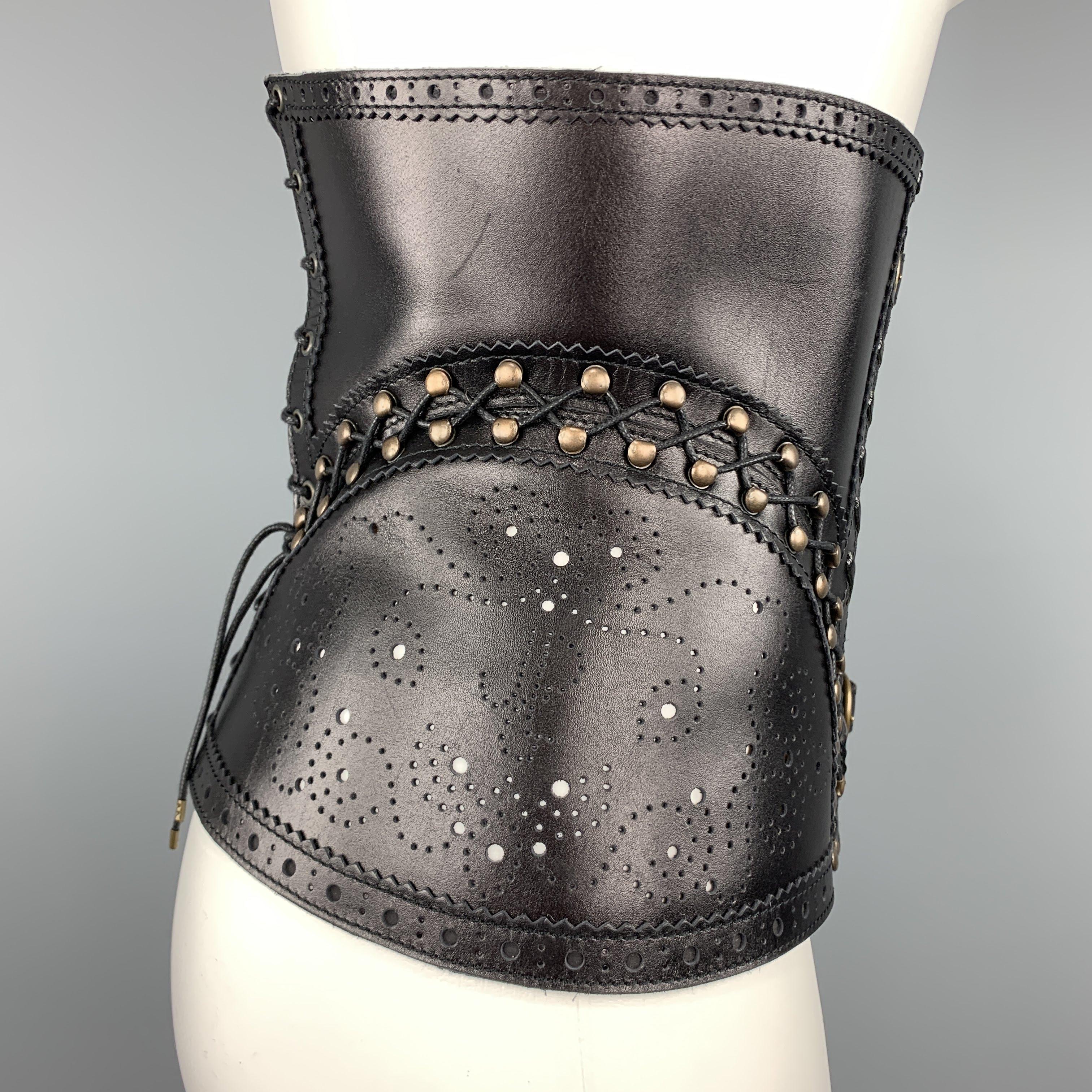 JEAN PAUL GAULTIER Black Leather Perforated Lace Up Whip Stitch Corset Belt In Excellent Condition In San Francisco, CA