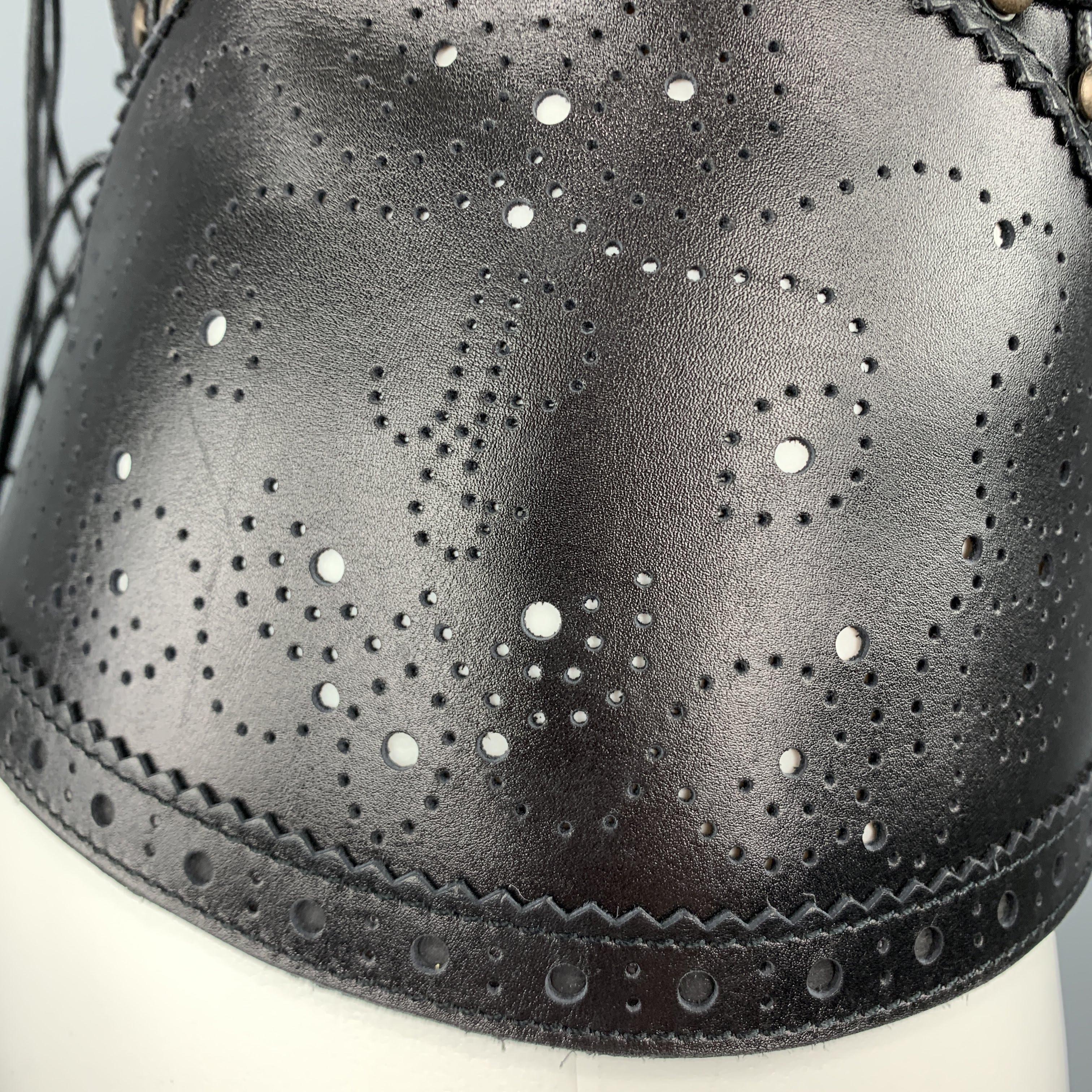Women's JEAN PAUL GAULTIER Black Leather Perforated Lace Up Whip Stitch Corset Belt