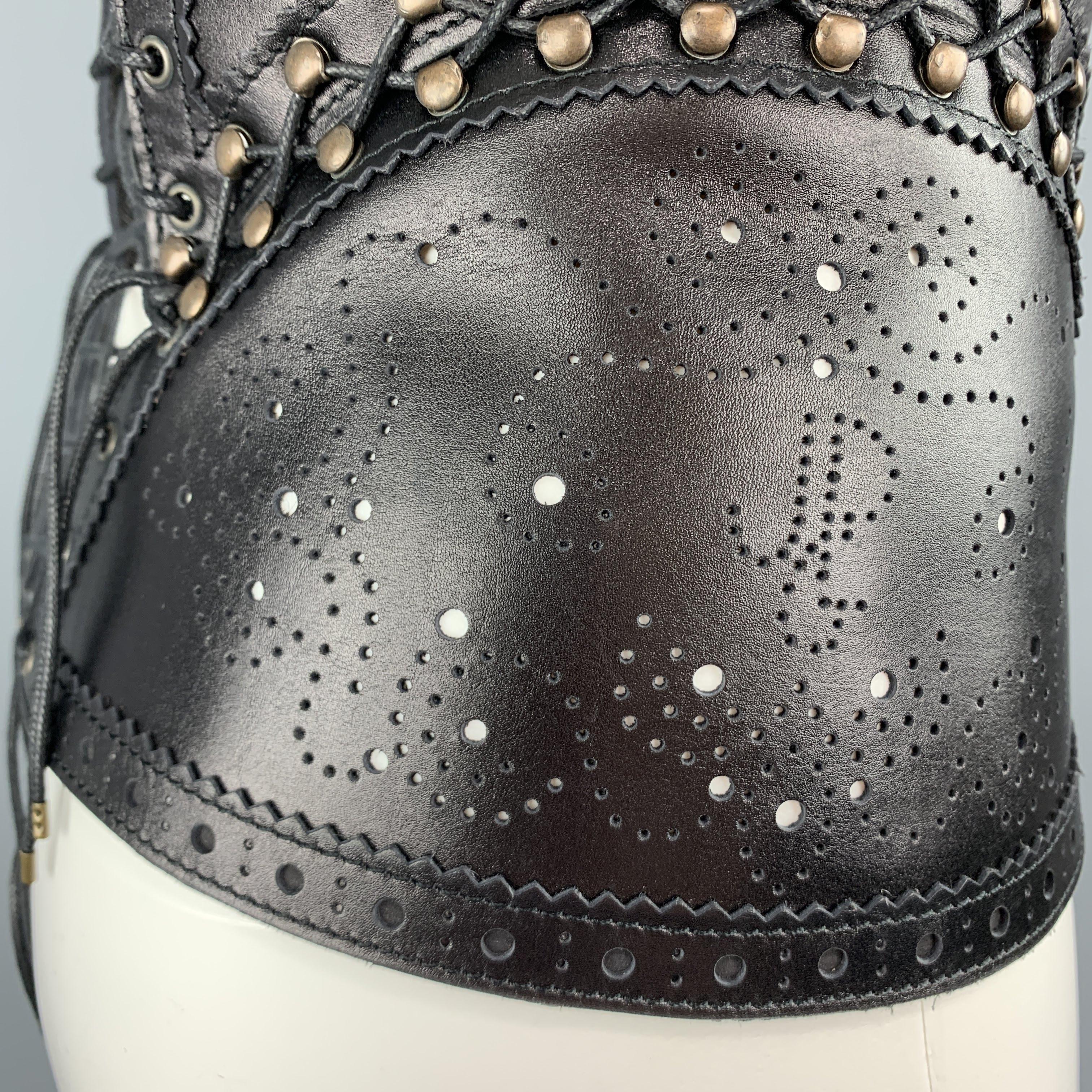 JEAN PAUL GAULTIER Black Leather Perforated Lace Up Whip Stitch Corset Belt 1
