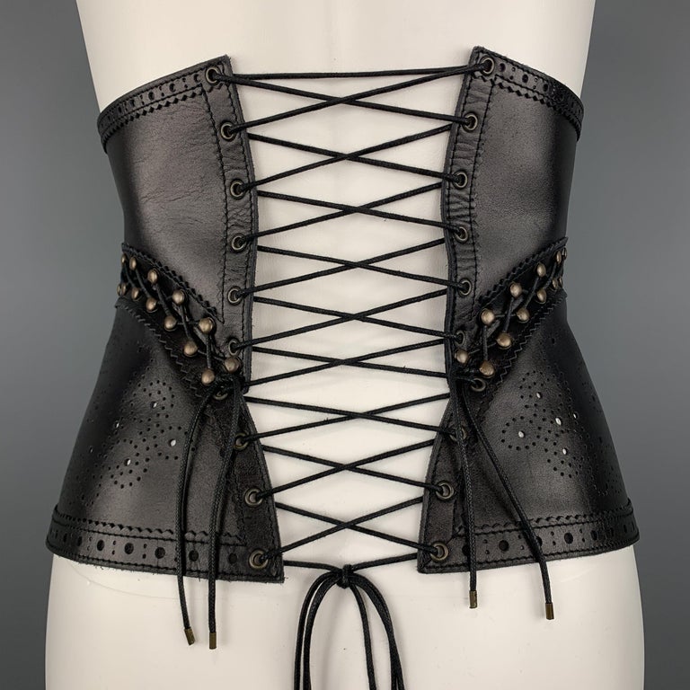 JEAN PAUL GAULTIER Black Leather Perforated Lace Up Whip Stitch Corset ...