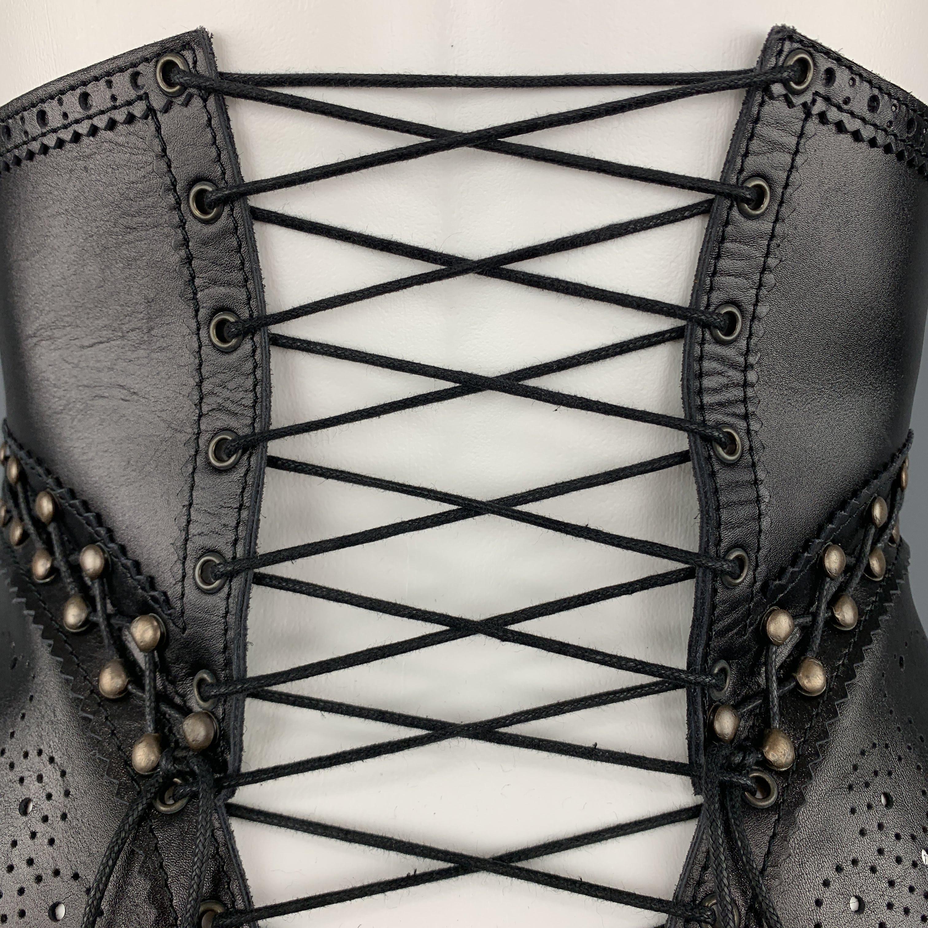 JEAN PAUL GAULTIER Black Leather Perforated Lace Up Whip Stitch Corset Belt 4