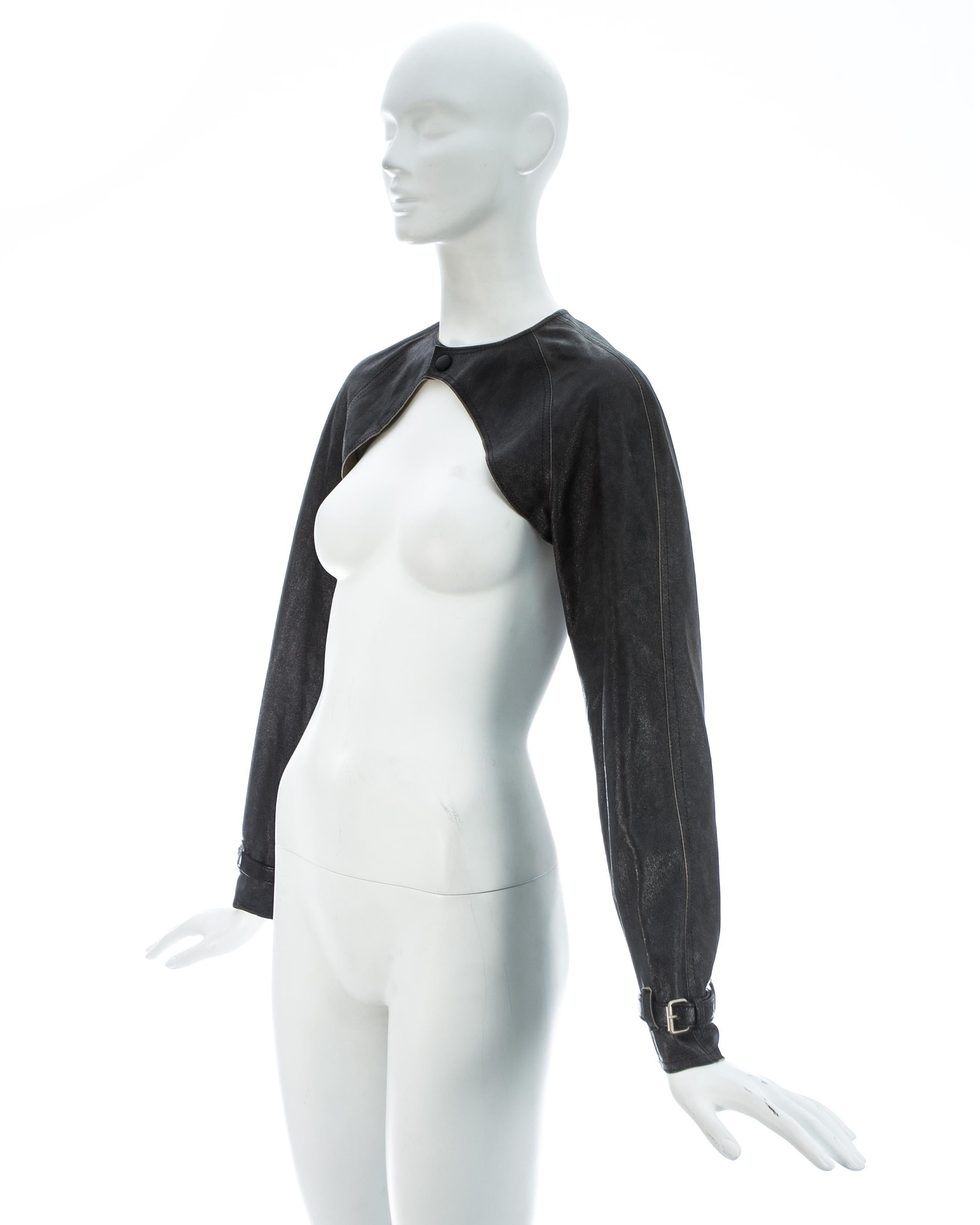 Jean Paul Gaultier black leather raglan sleeve cropped jacket, ca. 2001 In Good Condition For Sale In London, London