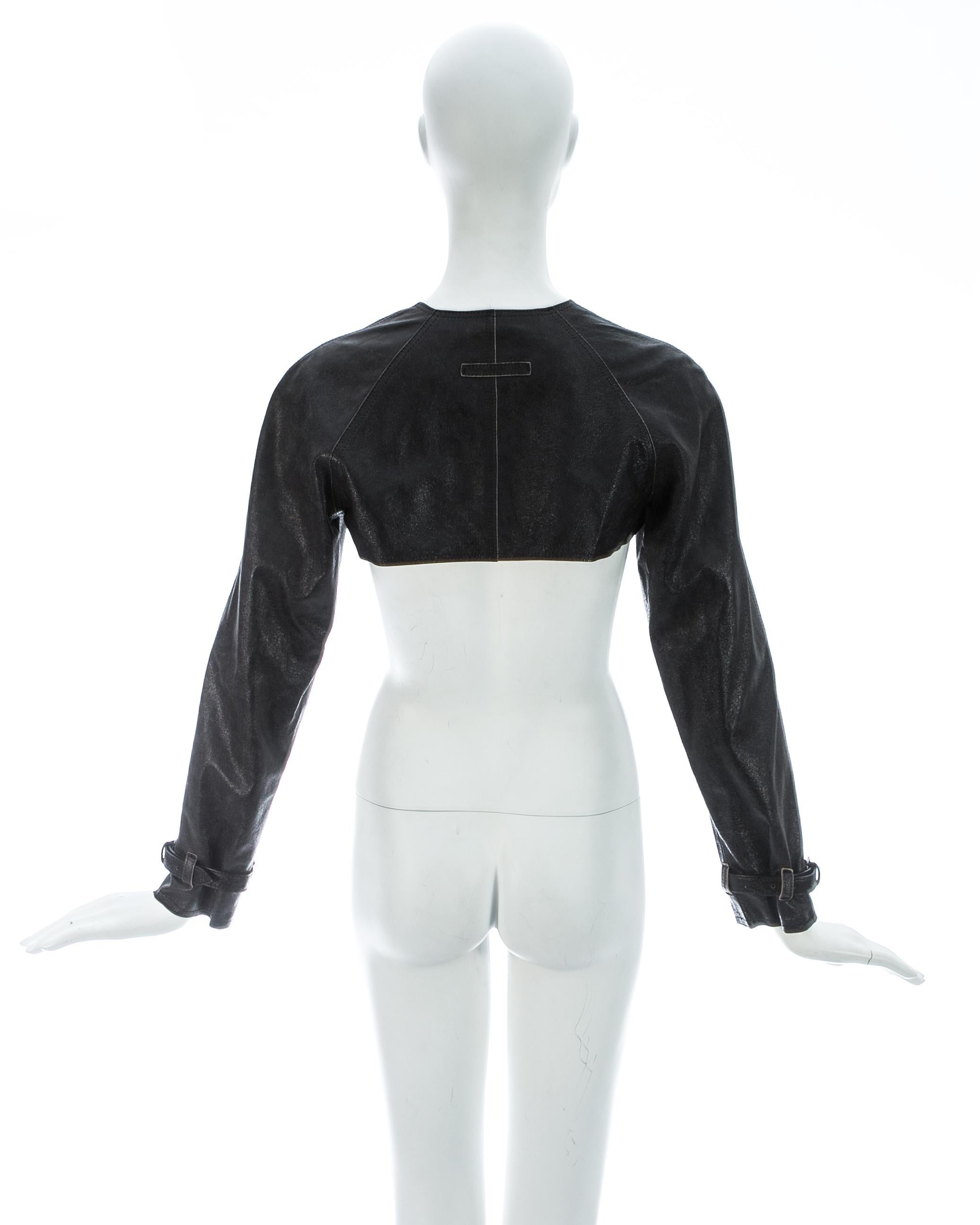 Jean Paul Gaultier black leather raglan sleeve cropped jacket, ca. 2001 For Sale 2