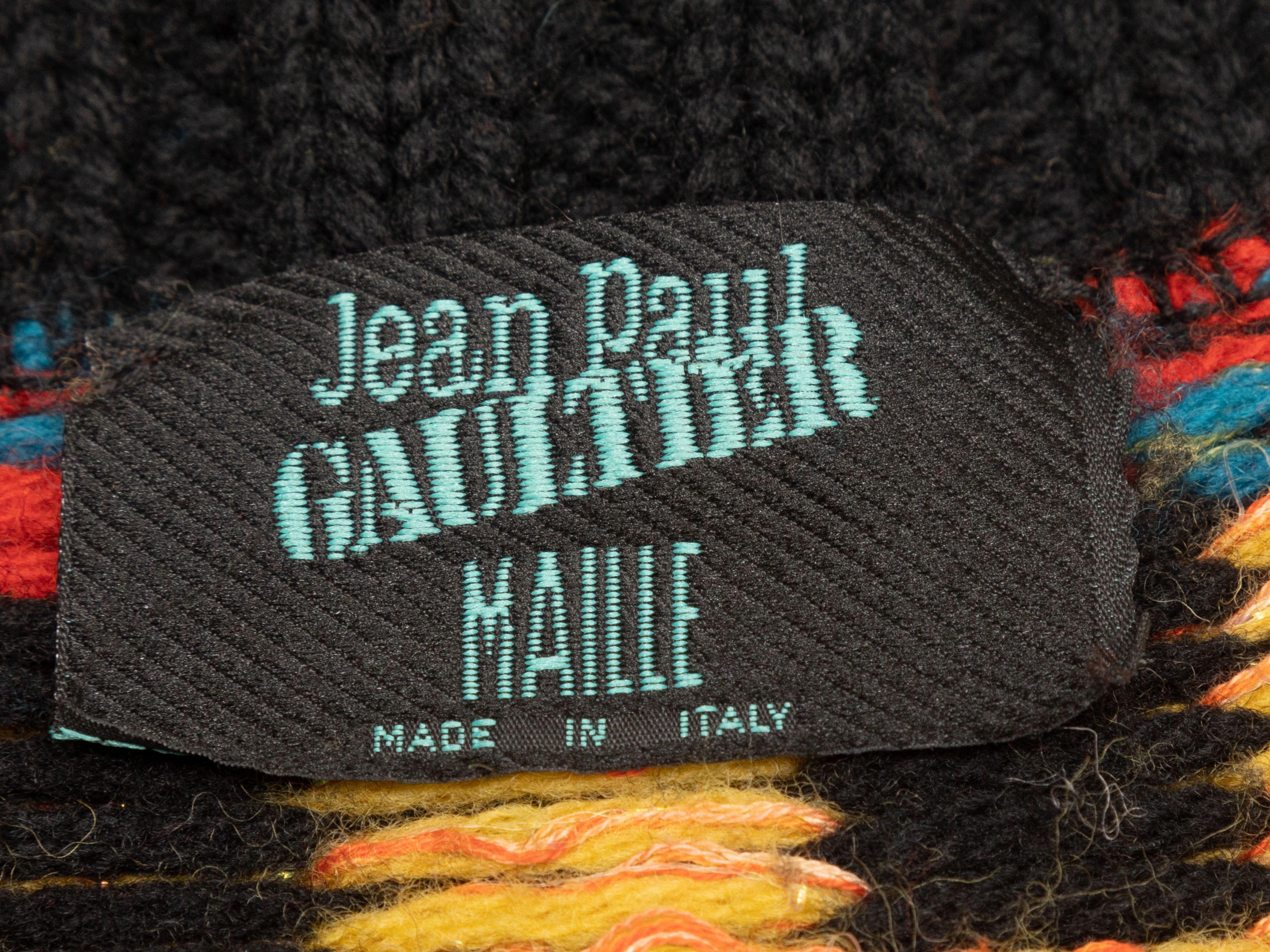 ﻿Product Details: black and multicolor wool cardigan by Jean Paul Gaultier. Circa 1995. Stand collar. Dual hip pockets. Zip closure at center front. 44