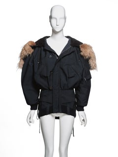 Jean Paul Gaultier Black Nylon Bomber Jacket / Mini Dress with Fur Hood, FW 2004