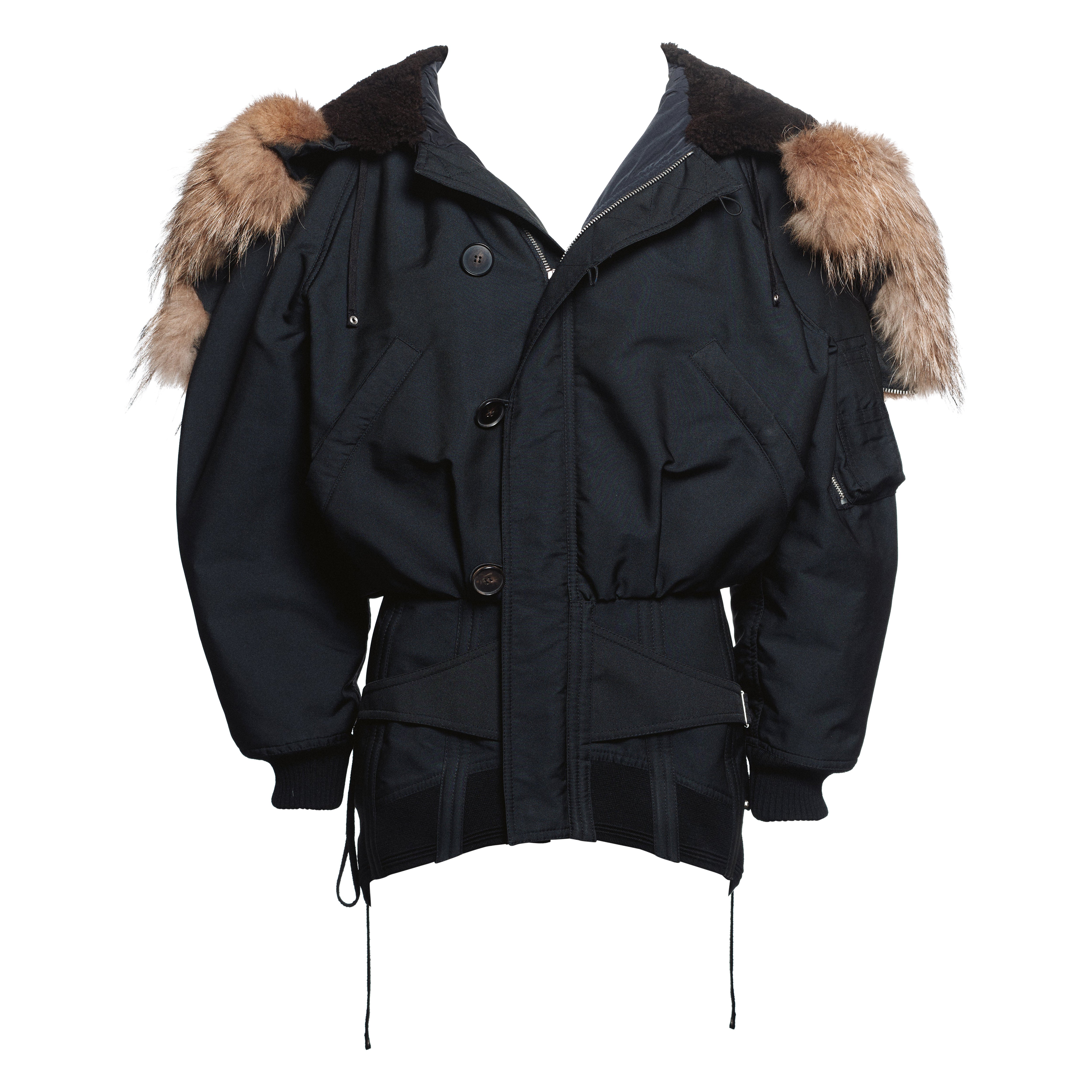 Jean Paul Gaultier Black Nylon Bomber Jacket / Mini Dress with Fur Hood, FW 2004 en venta
