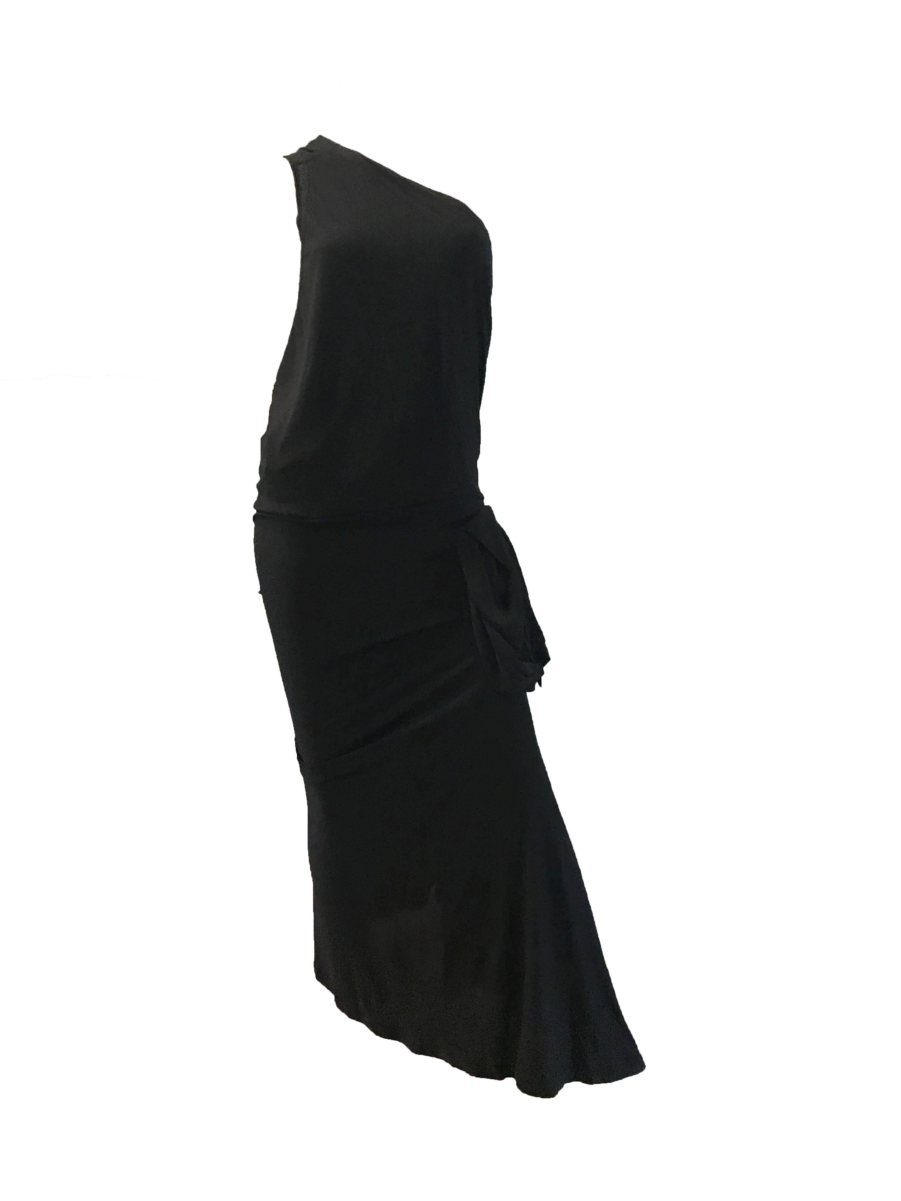 Jean Paul Gaultier black one shoulder gown with attached pouch 

100% rayon 
31