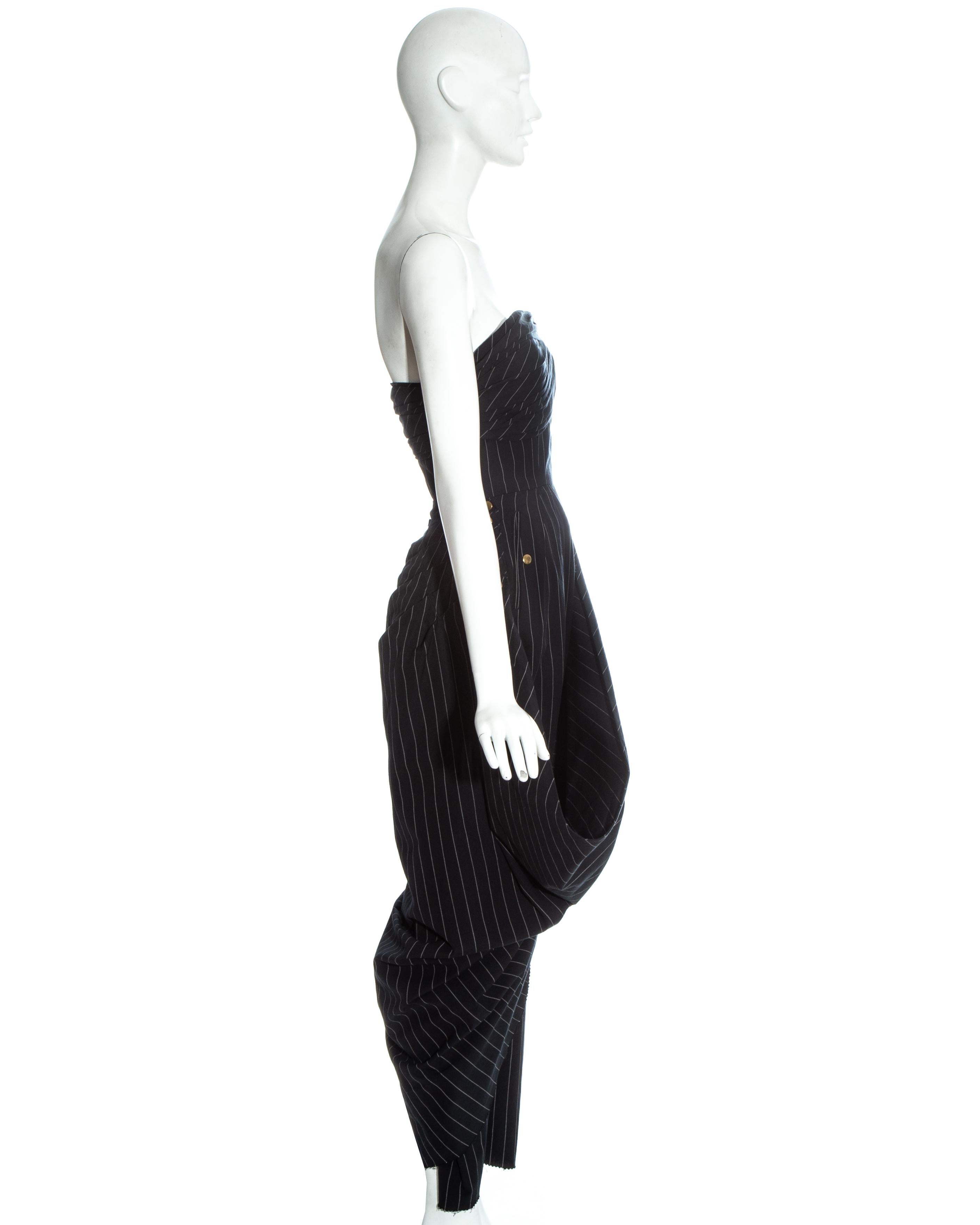 Black Jean Paul Gaultier black pinstripe corseted draped strapless dress, fw 1992
