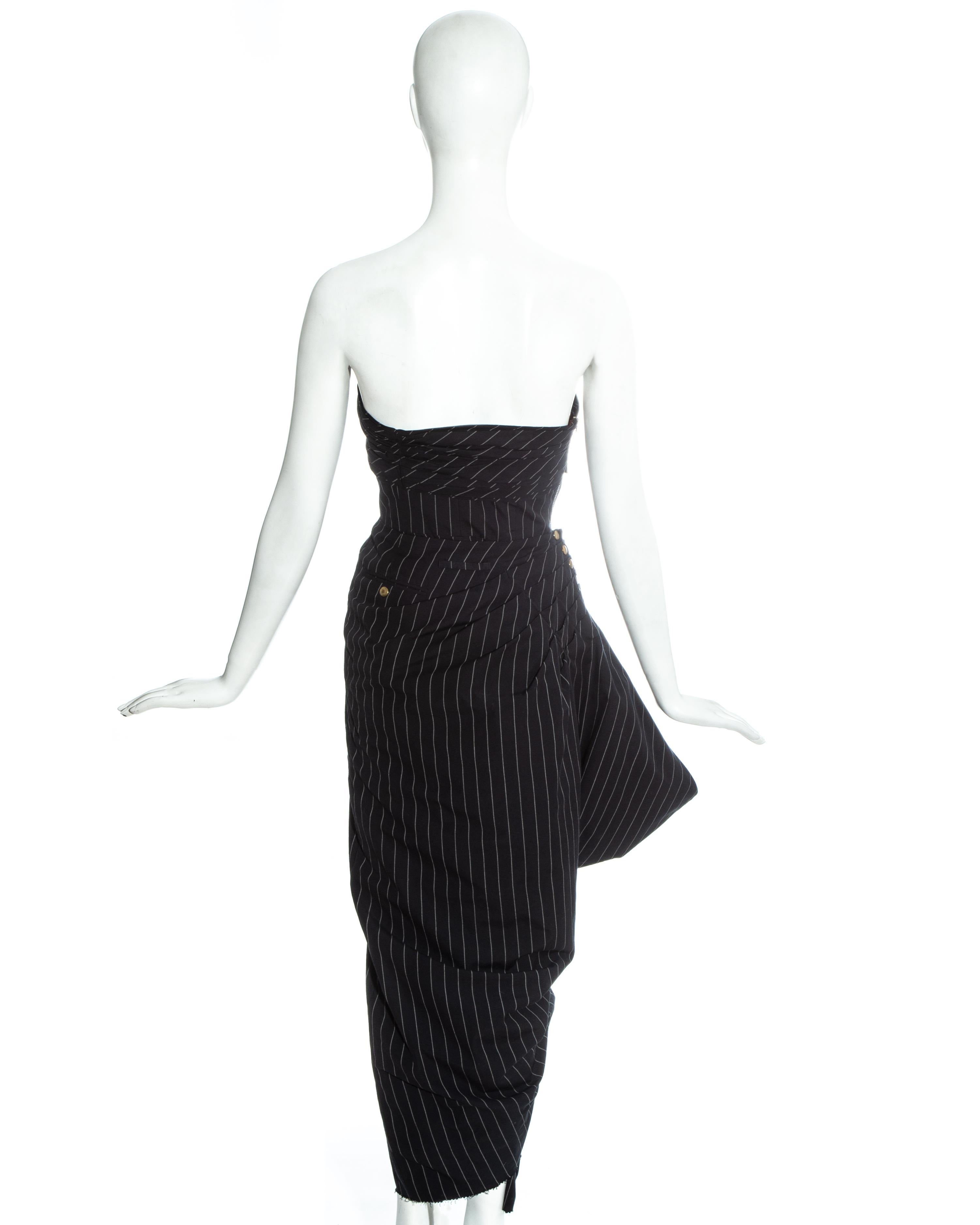 Women's Jean Paul Gaultier black pinstripe corseted draped strapless dress, fw 1992