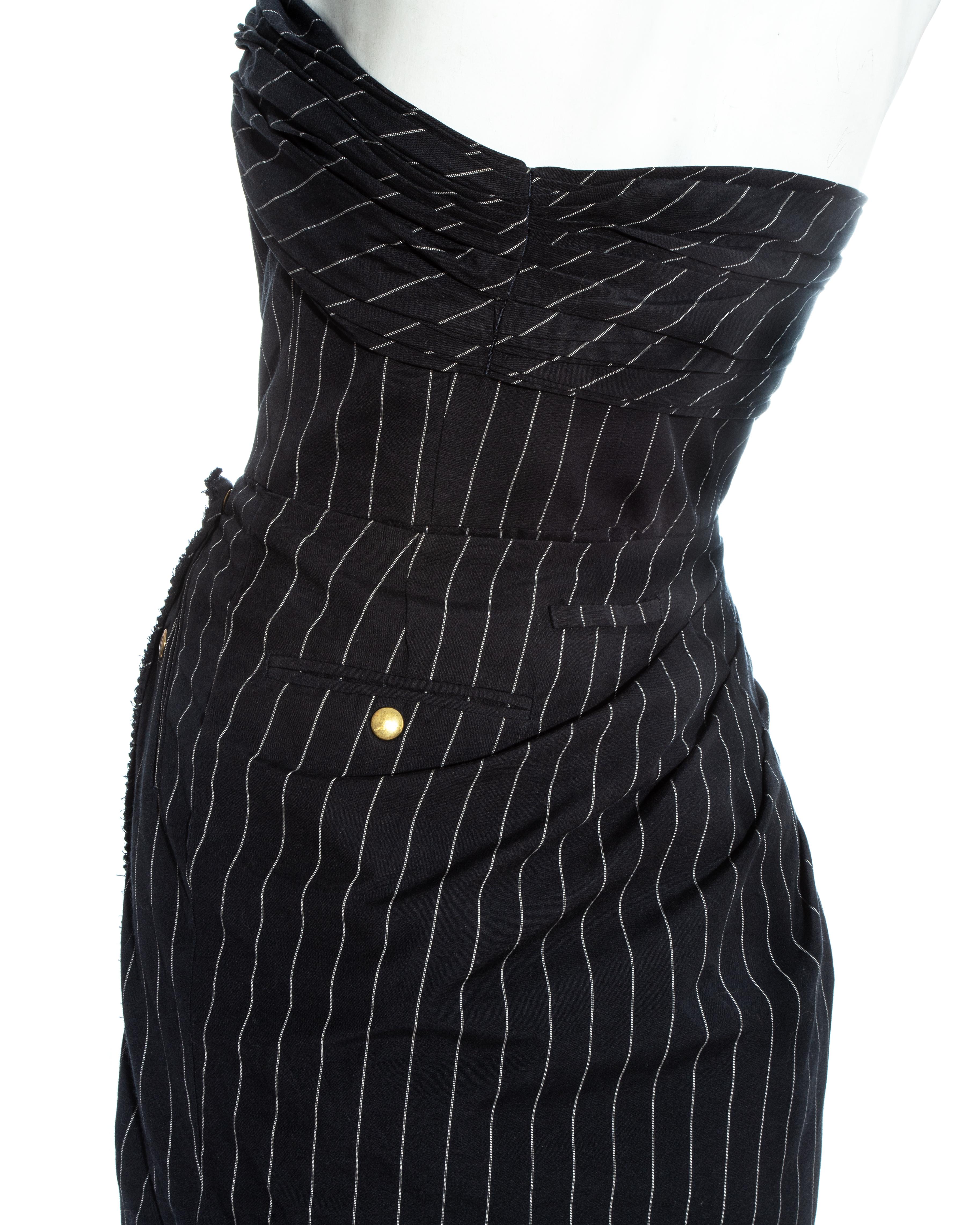 Jean Paul Gaultier black pinstripe corseted draped strapless dress, fw 1992 1
