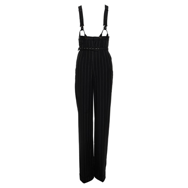 Jean Paul Gaultier black pinstripe wool high waisted suspender pants ...