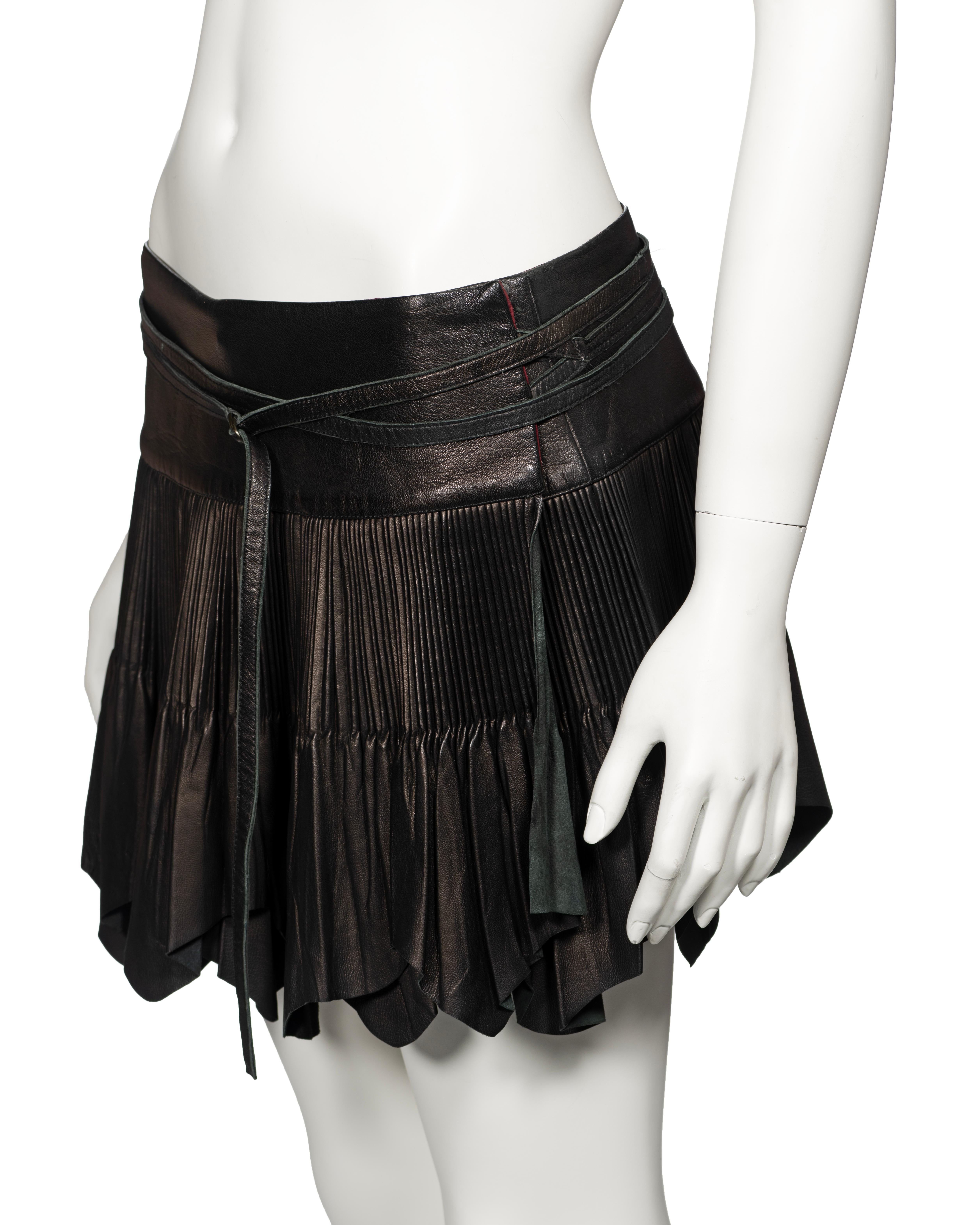 Jean Paul Gaultier Black Raw-Edge Pleated Leather Mini Wrap Skirt, fw 2003 4