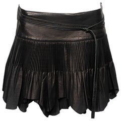 Jean Paul Gaultier Black Raw-Edge Pleated Leather Mini Wrap Skirt, fw 2003