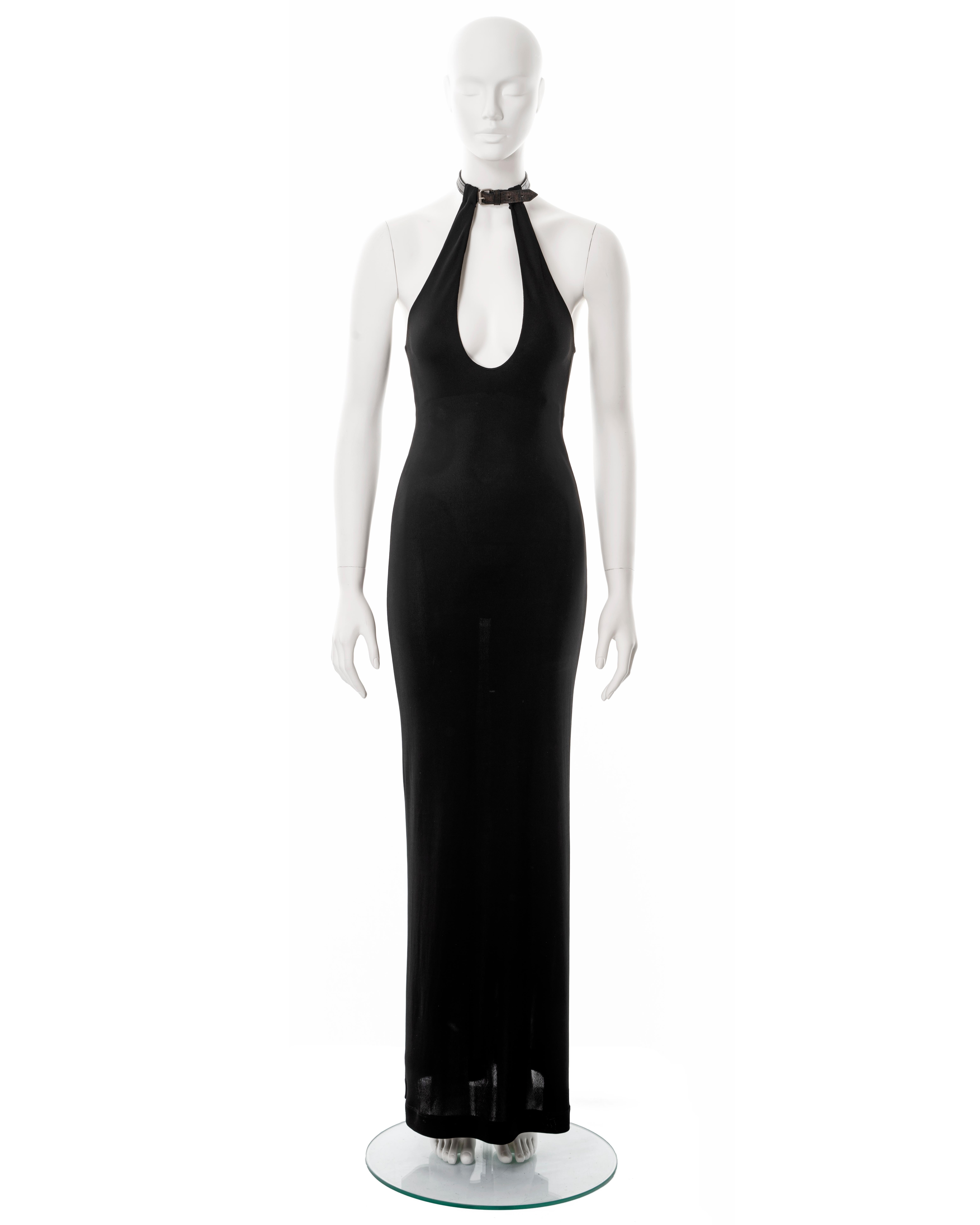 ▪ Jean Paul Gaultier black halter neck maxi dress
▪ Sold by One of a Kind Archive
▪ Spring-Summer 2001
▪ Constructed from double-layered black rayon jersey 
▪ Leather choker with metal buckle 
▪ Plunging keyhole neckline 
▪ IT 42 - FR 38 - UK 10
▪