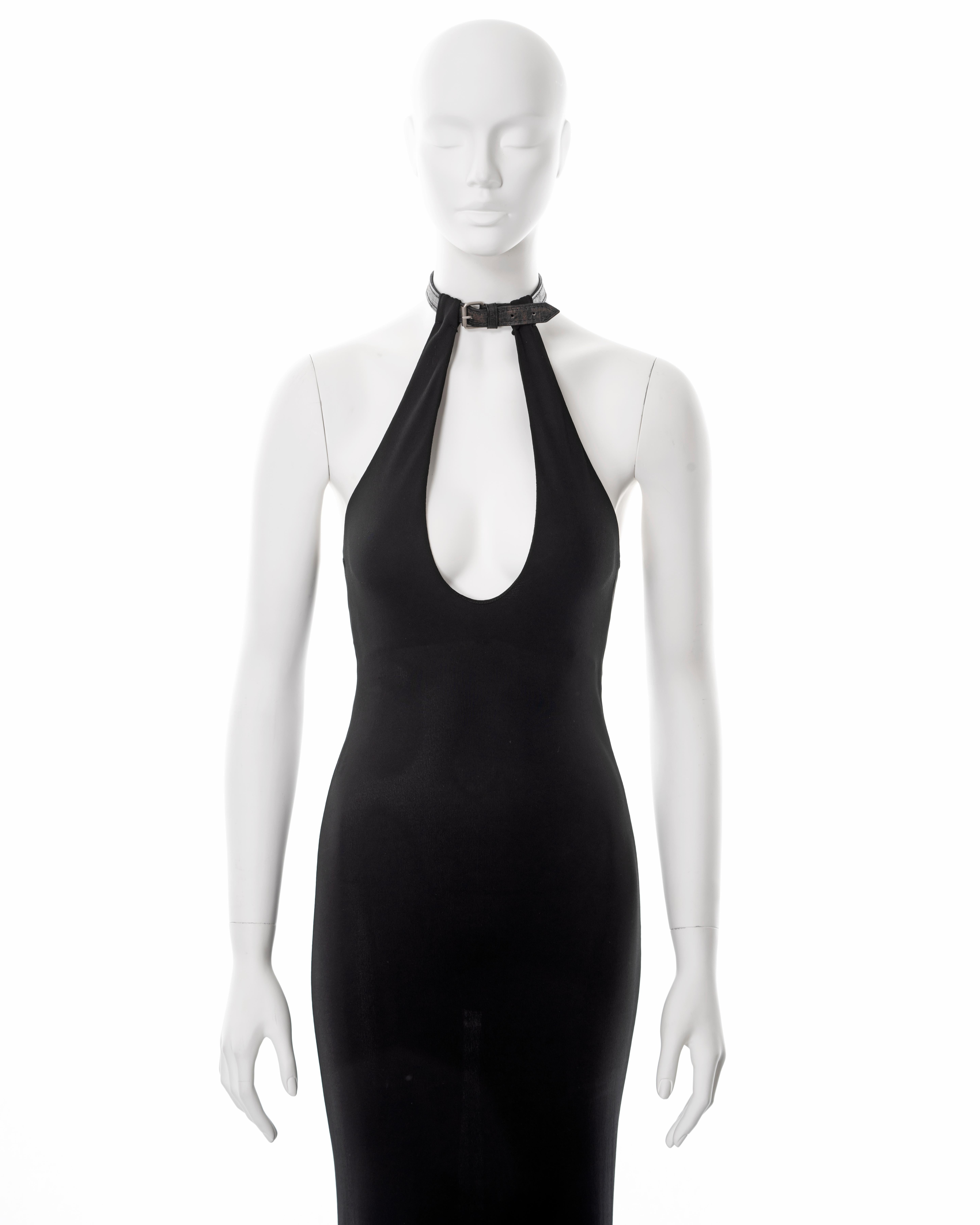 Jean Paul Gaultier black rayon maxi dress with leather choker, ss 2001 In Excellent Condition For Sale In London, GB