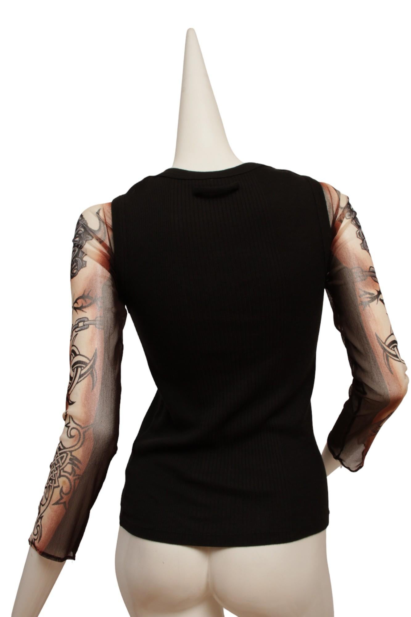 Jean Paul Gaultier Black Rib Knit Tank with Mesh Tattoo Design Sleeve For Sale 6