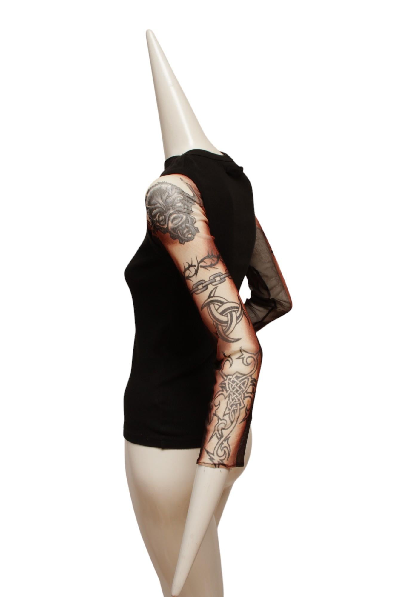 Jean Paul Gaultier Black Rib Knit Tank with Mesh Tattoo Design Sleeve For Sale 7