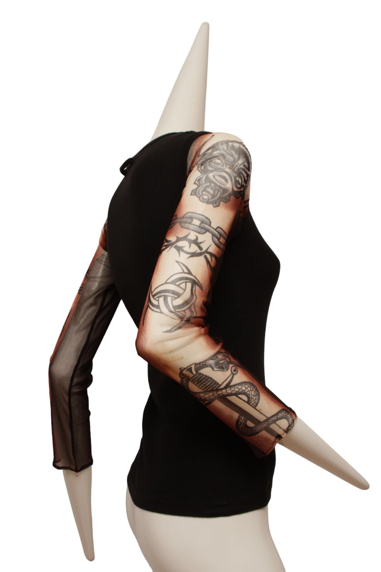Jean Paul Gaultier Black Rib Knit Tank with Mesh Tattoo Design Sleeve In Excellent Condition For Sale In Kingston, NY