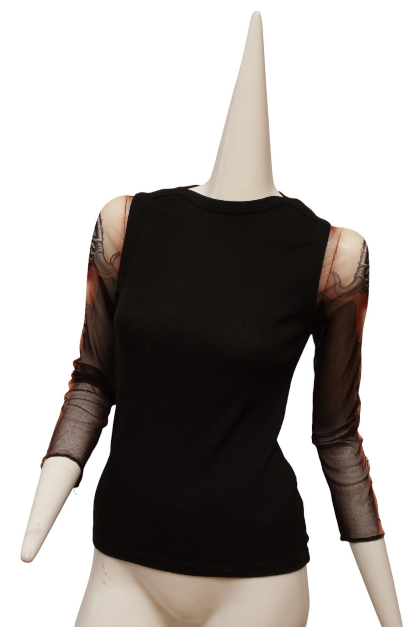 Jean Paul Gaultier Black Rib Knit Tank with Mesh Tattoo Design Sleeve For Sale 1