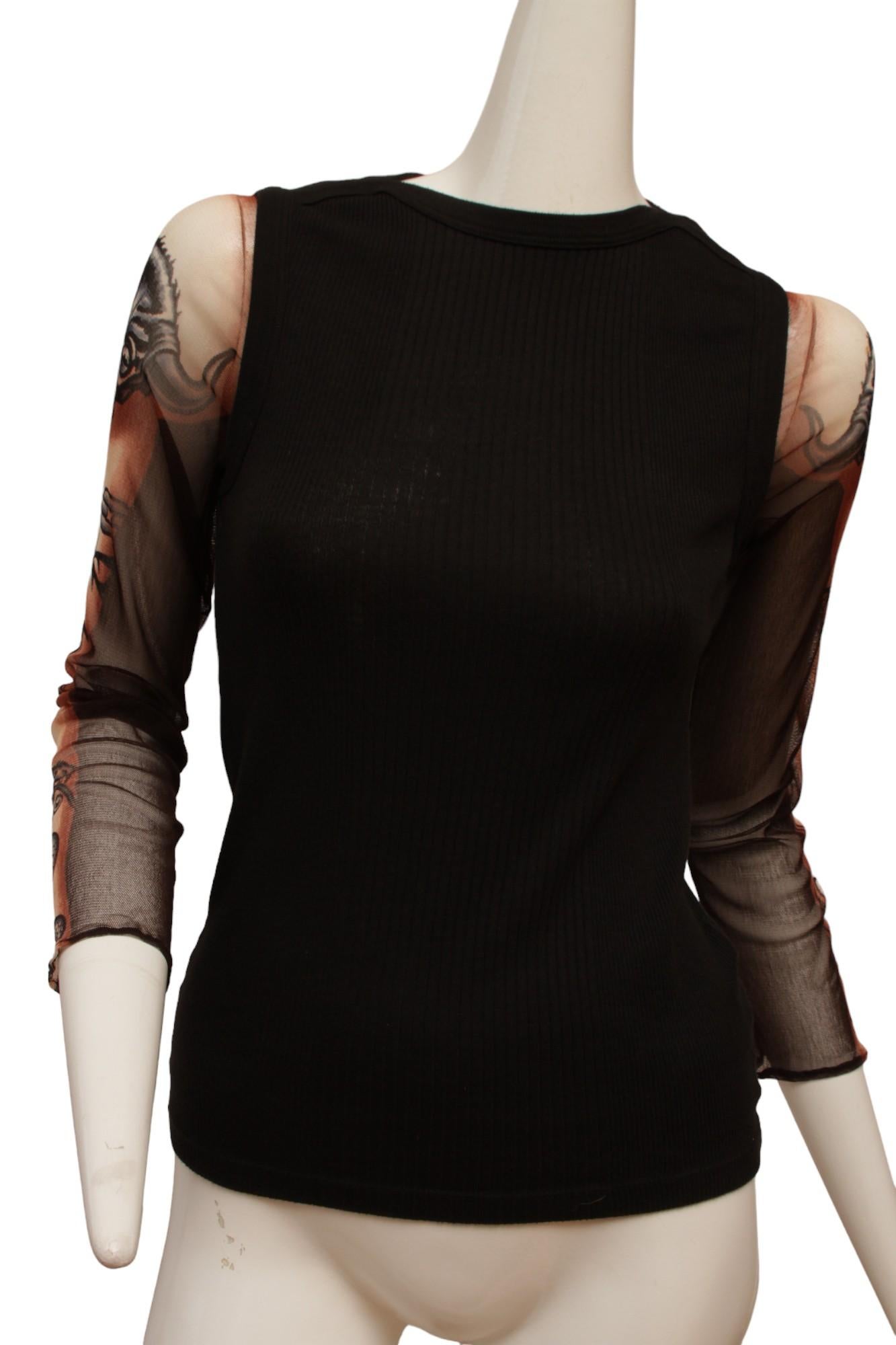 Jean Paul Gaultier Black Rib Knit Tank with Mesh Tattoo Design Sleeve For Sale 2