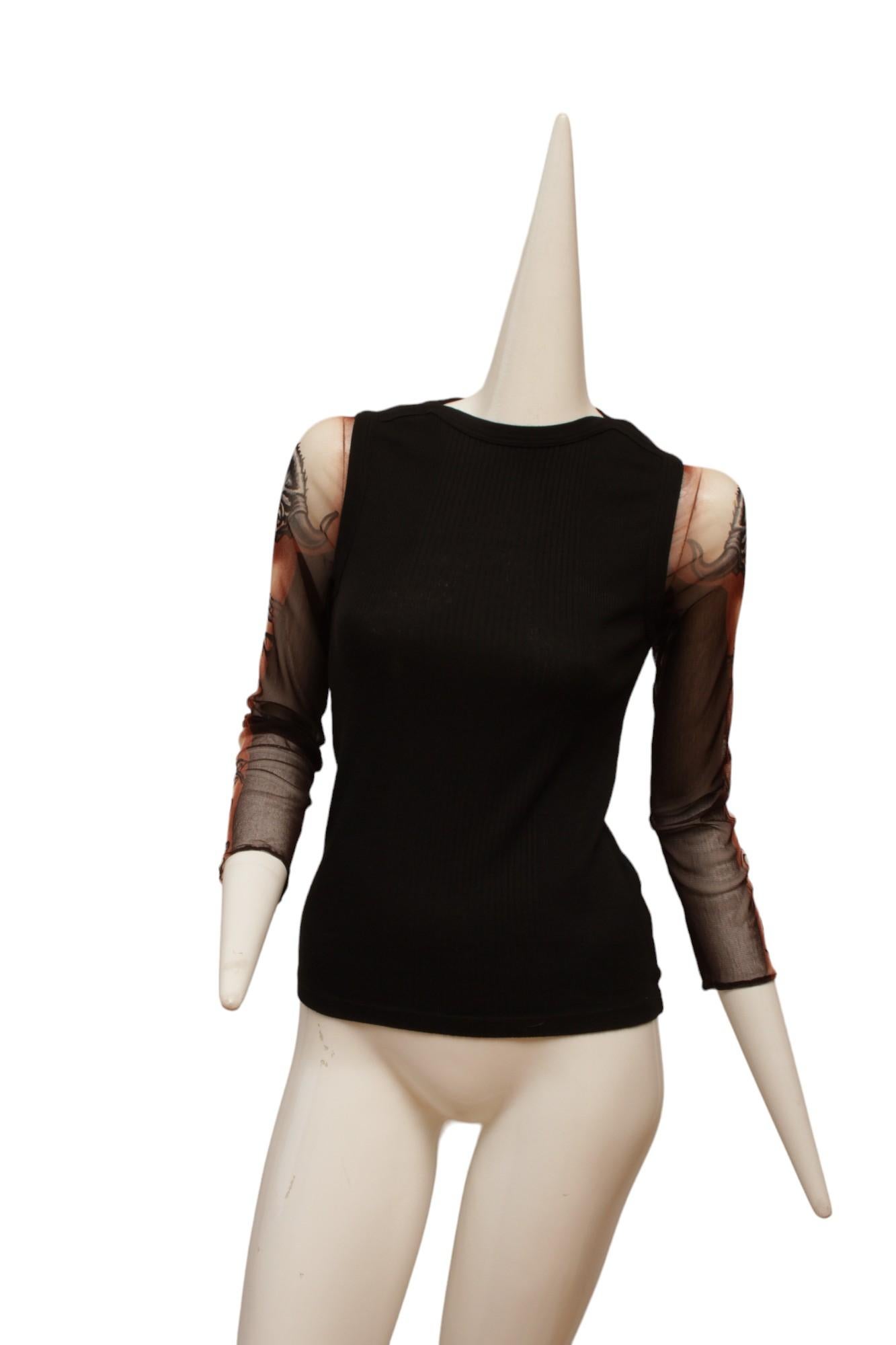 Jean Paul Gaultier Black Rib Knit Tank with Mesh Tattoo Design Sleeve For Sale 3