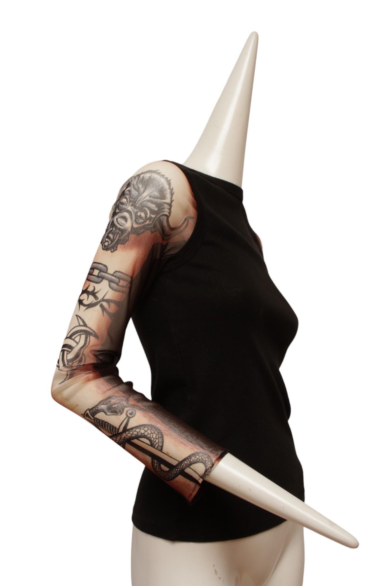 Jean Paul Gaultier Black Rib Knit Tank with Mesh Tattoo Design Sleeve For Sale 4