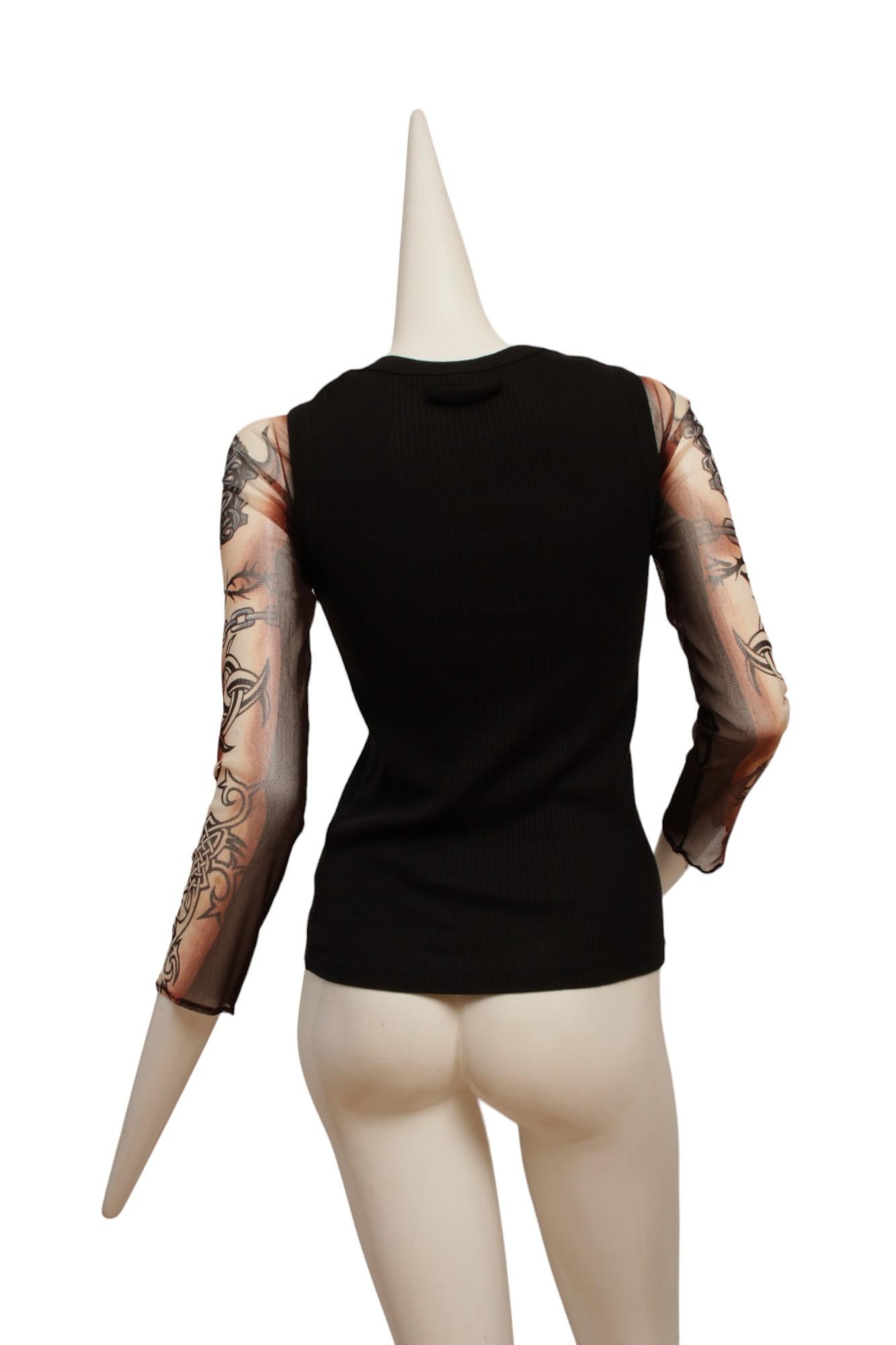 Jean Paul Gaultier Black Rib Knit Tank with Mesh Tattoo Design Sleeve For Sale 5