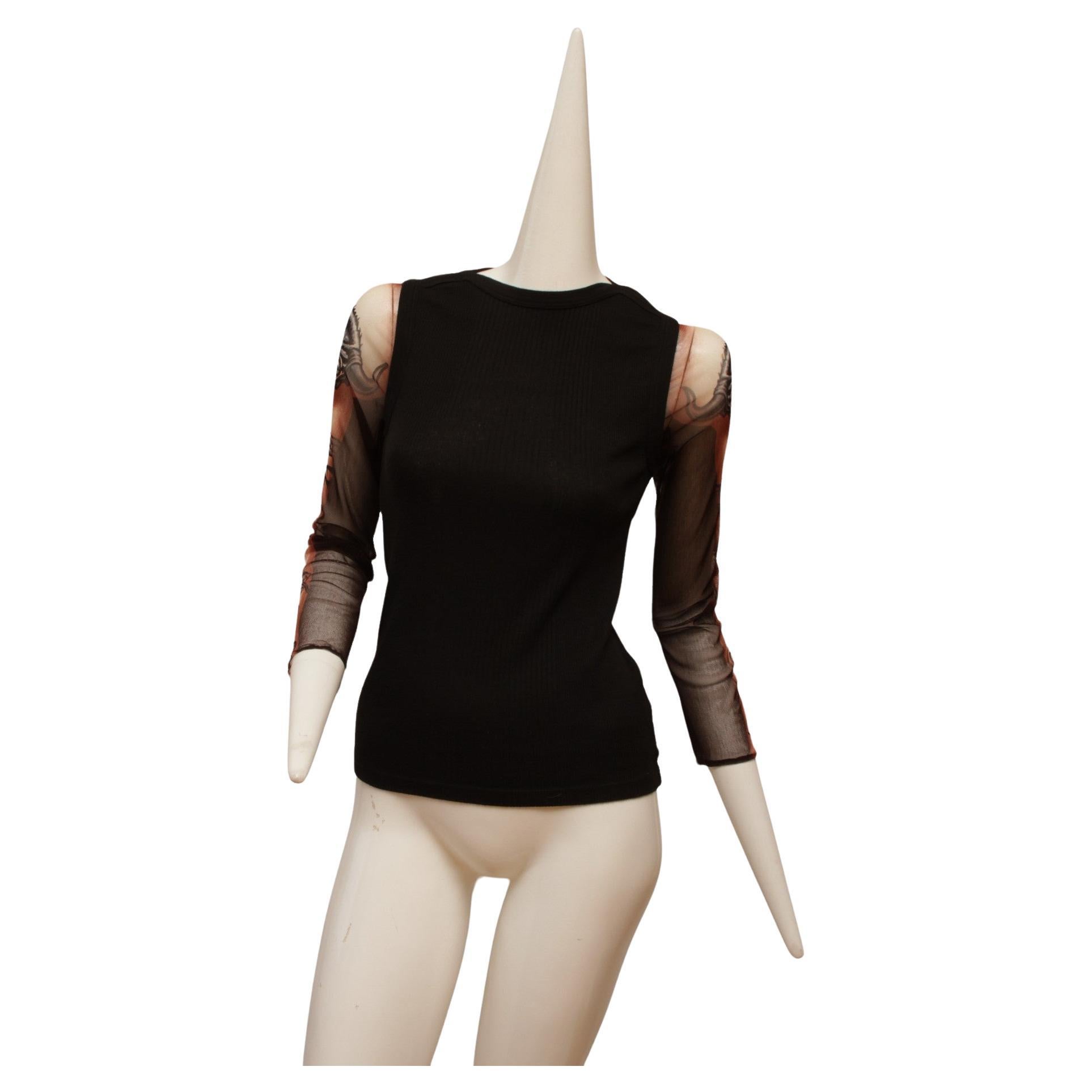 Jean Paul Gaultier Black Rib Knit Tank with Mesh Tattoo Design Sleeve For Sale