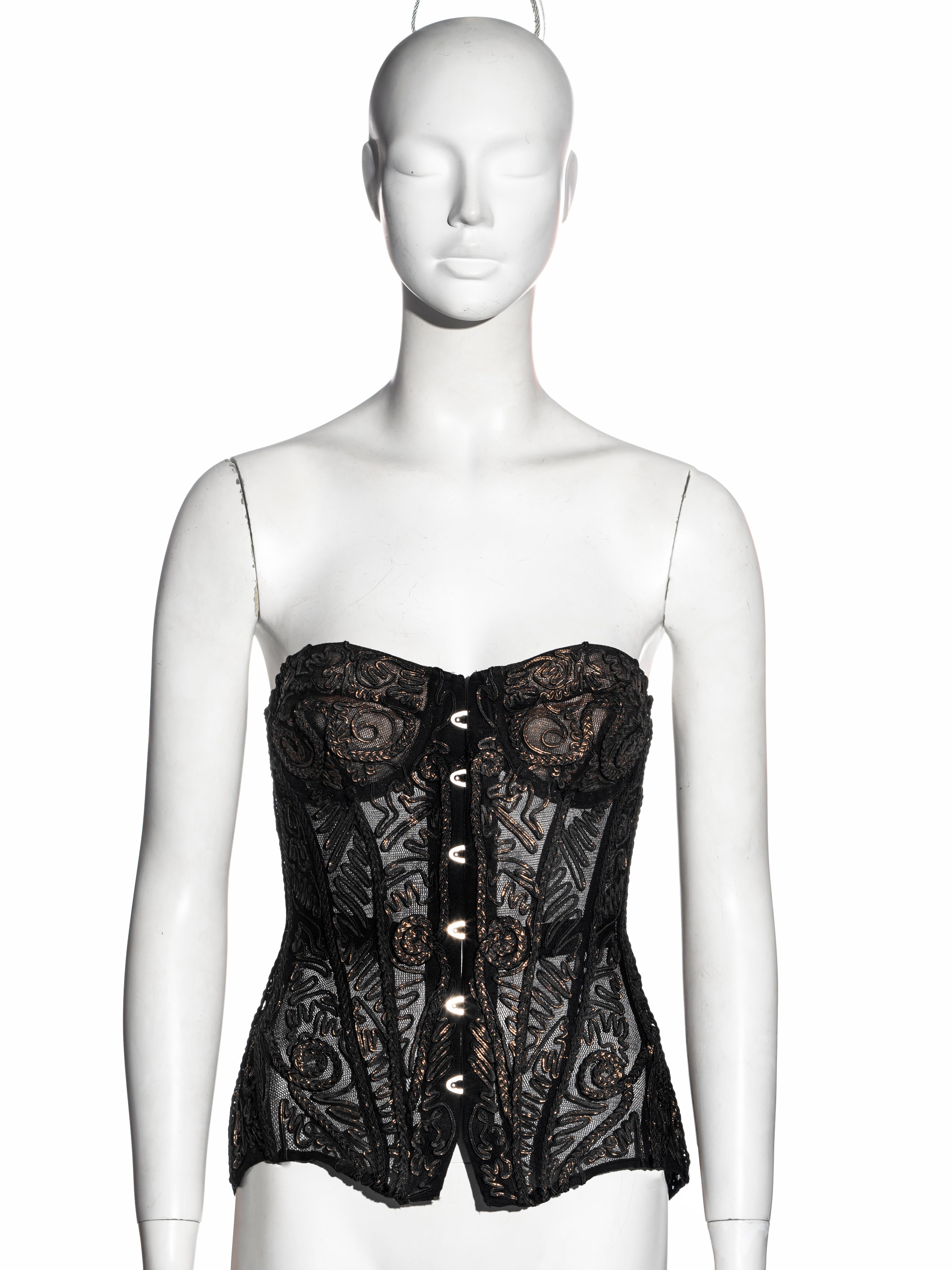 Black Jean Paul Gaultier black silk corset with copper foiled embroidery, fw 2006 For Sale