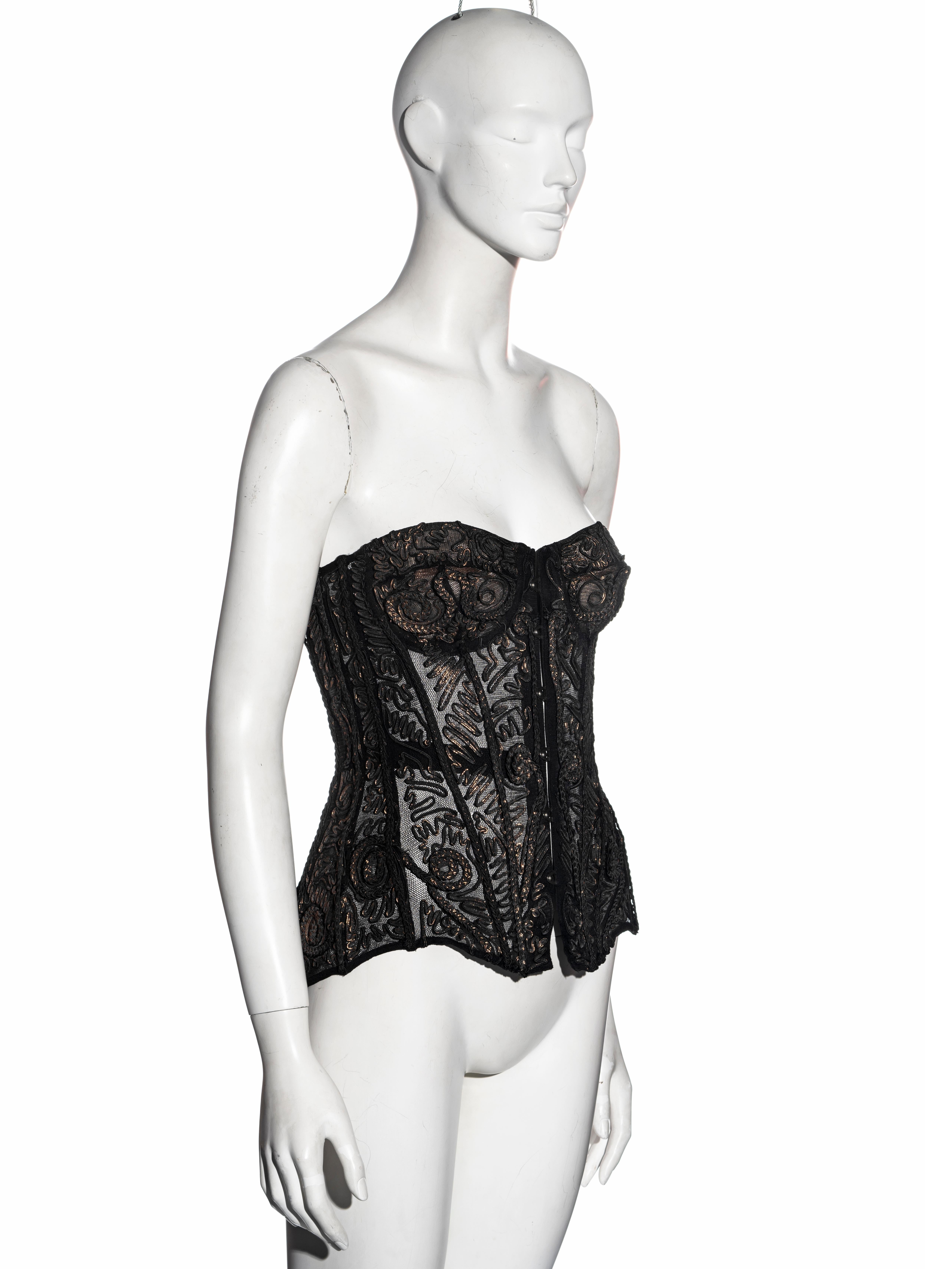 Women's Jean Paul Gaultier black silk corset with copper foiled embroidery, fw 2006