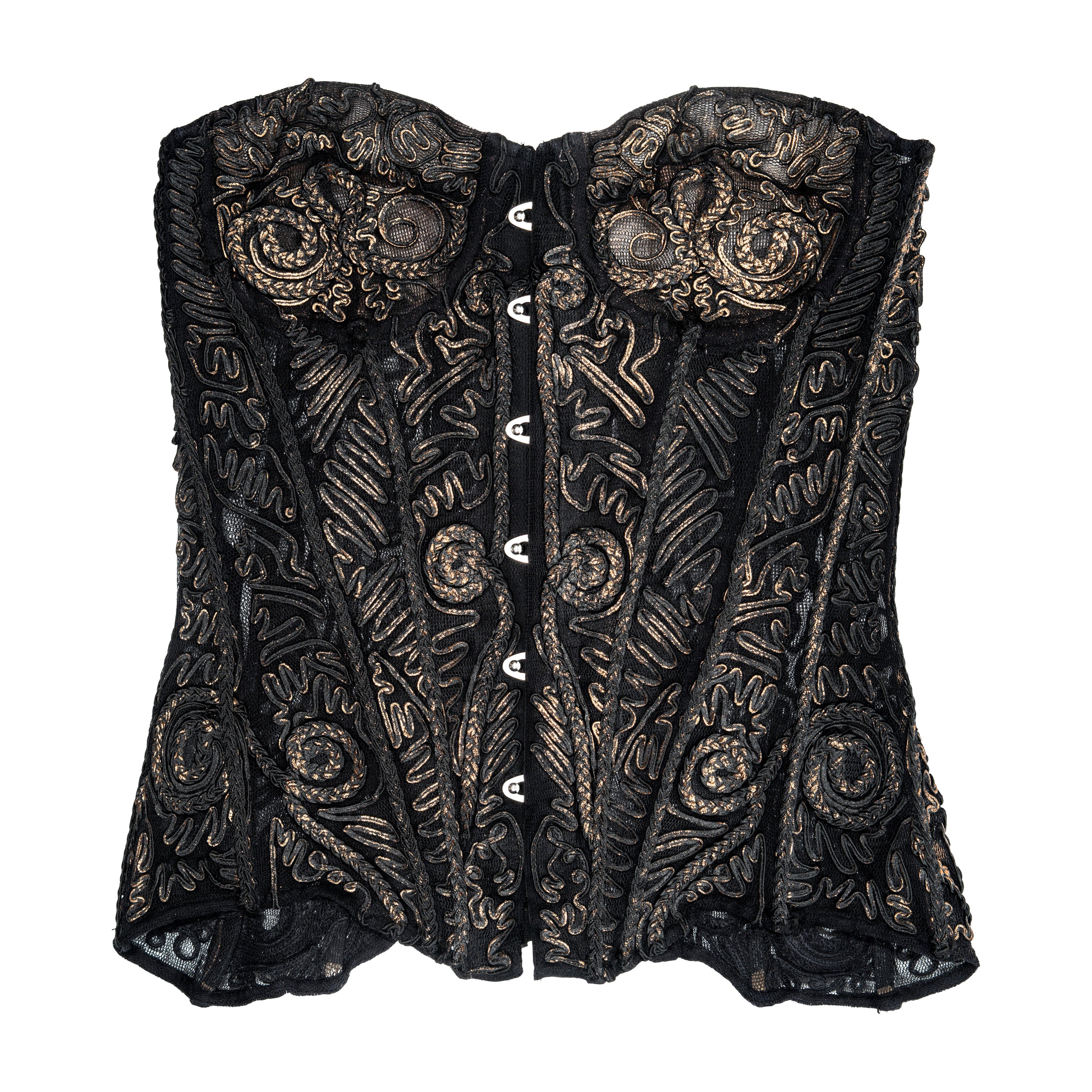 Jean Paul Gaultier Jeans, corsetto in seta nera con ricamo in lamina di rame, fw 2006 in vendita