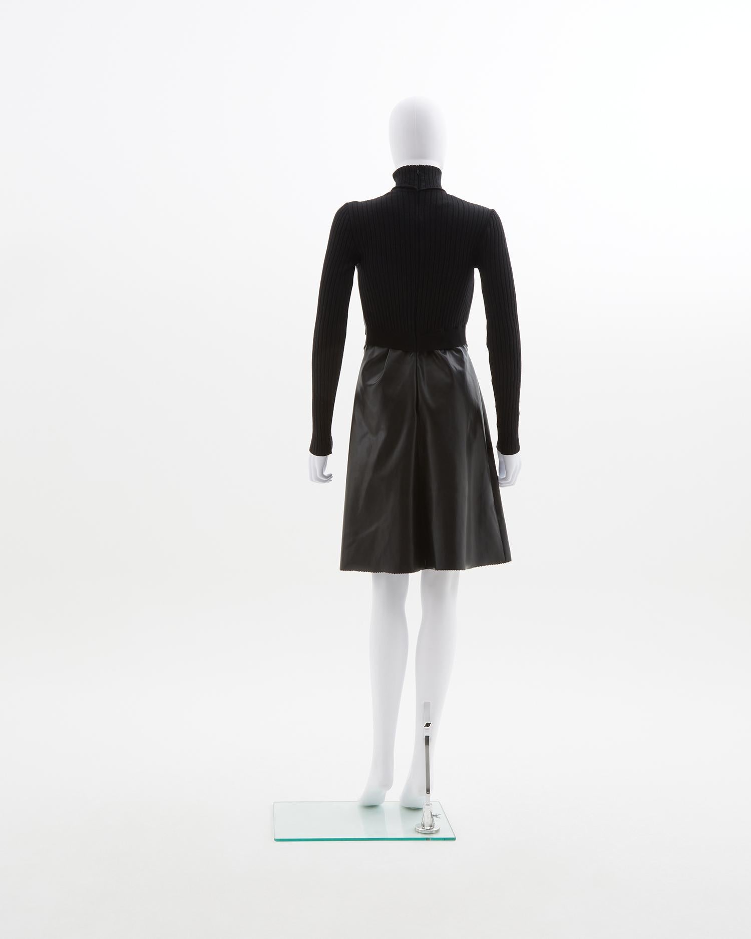 Jean Paul Gaultier black vegan leather & ribbed knit high-neck wool dress, ealry In Excellent Condition For Sale In Milano, IT