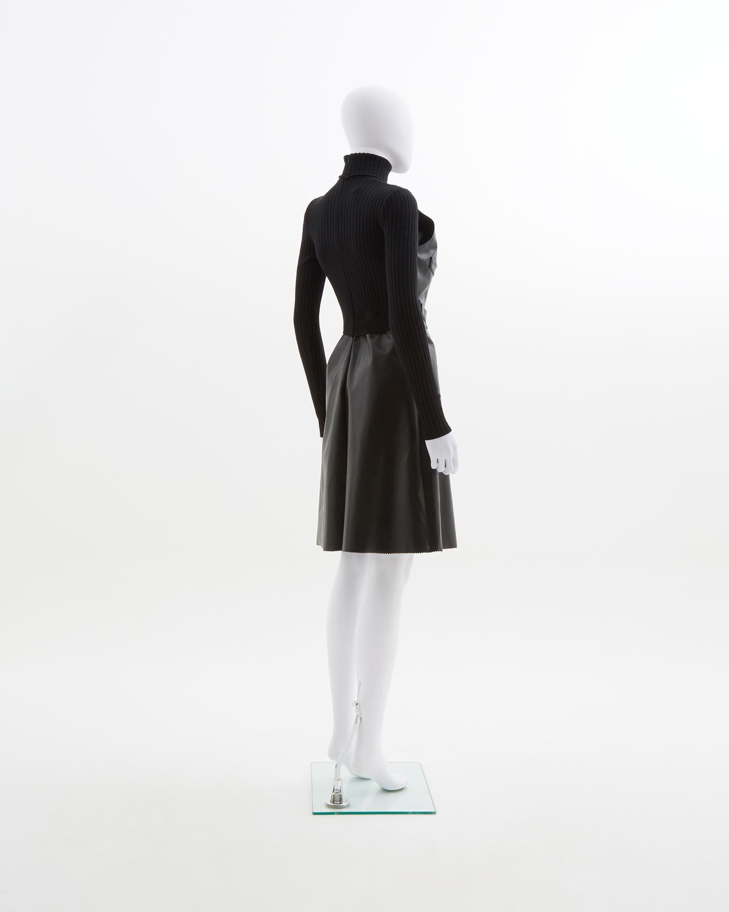 Women's Jean Paul Gaultier black vegan leather & ribbed knit high-neck wool dress, ealry For Sale