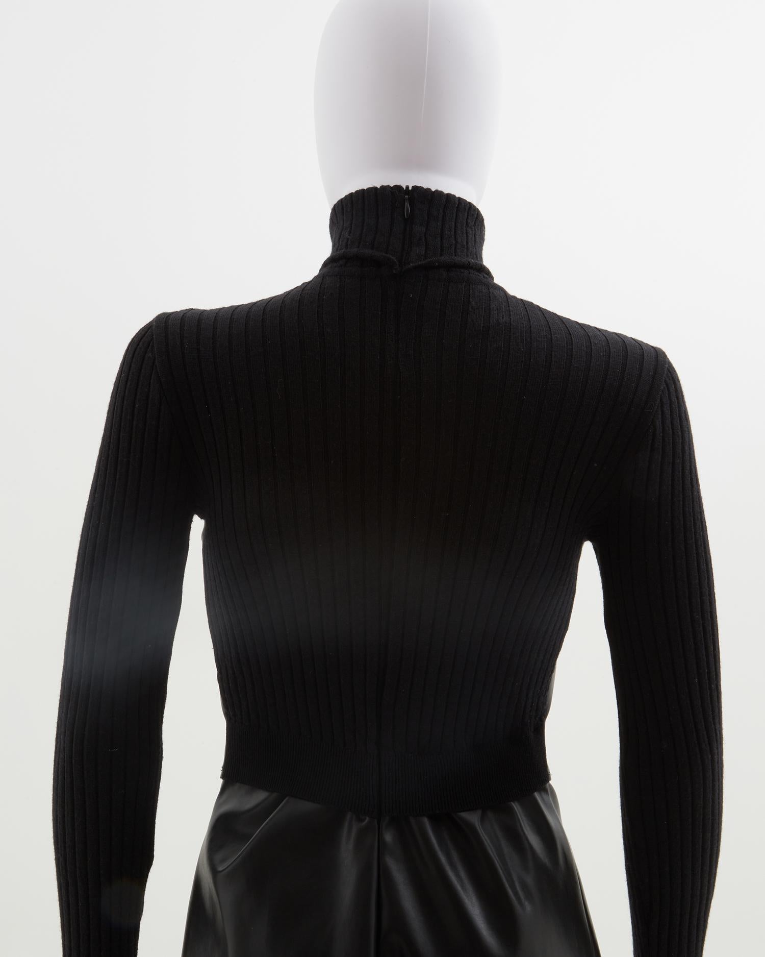 Jean Paul Gaultier black vegan leather & ribbed knit high-neck wool dress, ealry For Sale 2