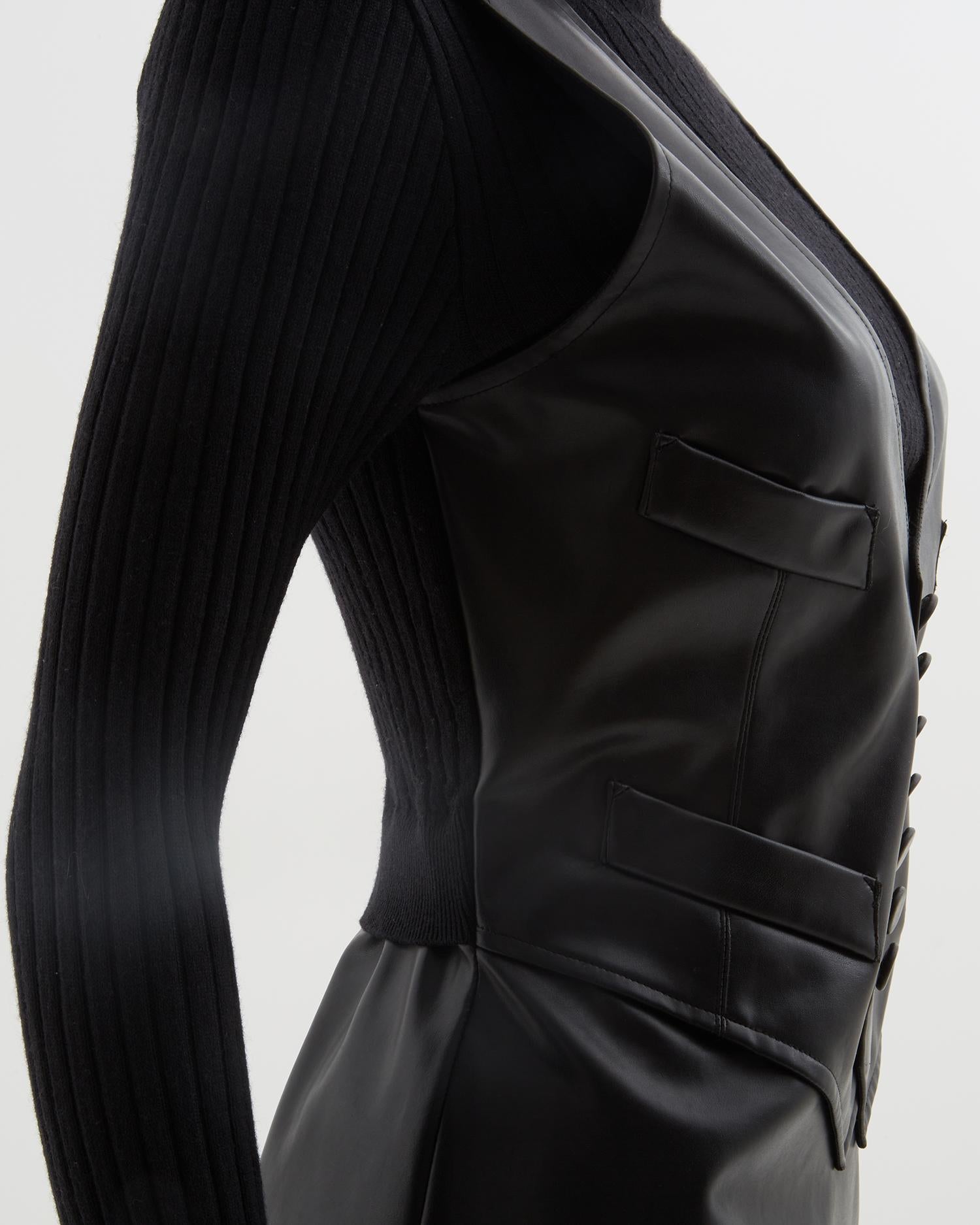 Jean Paul Gaultier black vegan leather & ribbed knit high-neck wool dress, ealry For Sale 2