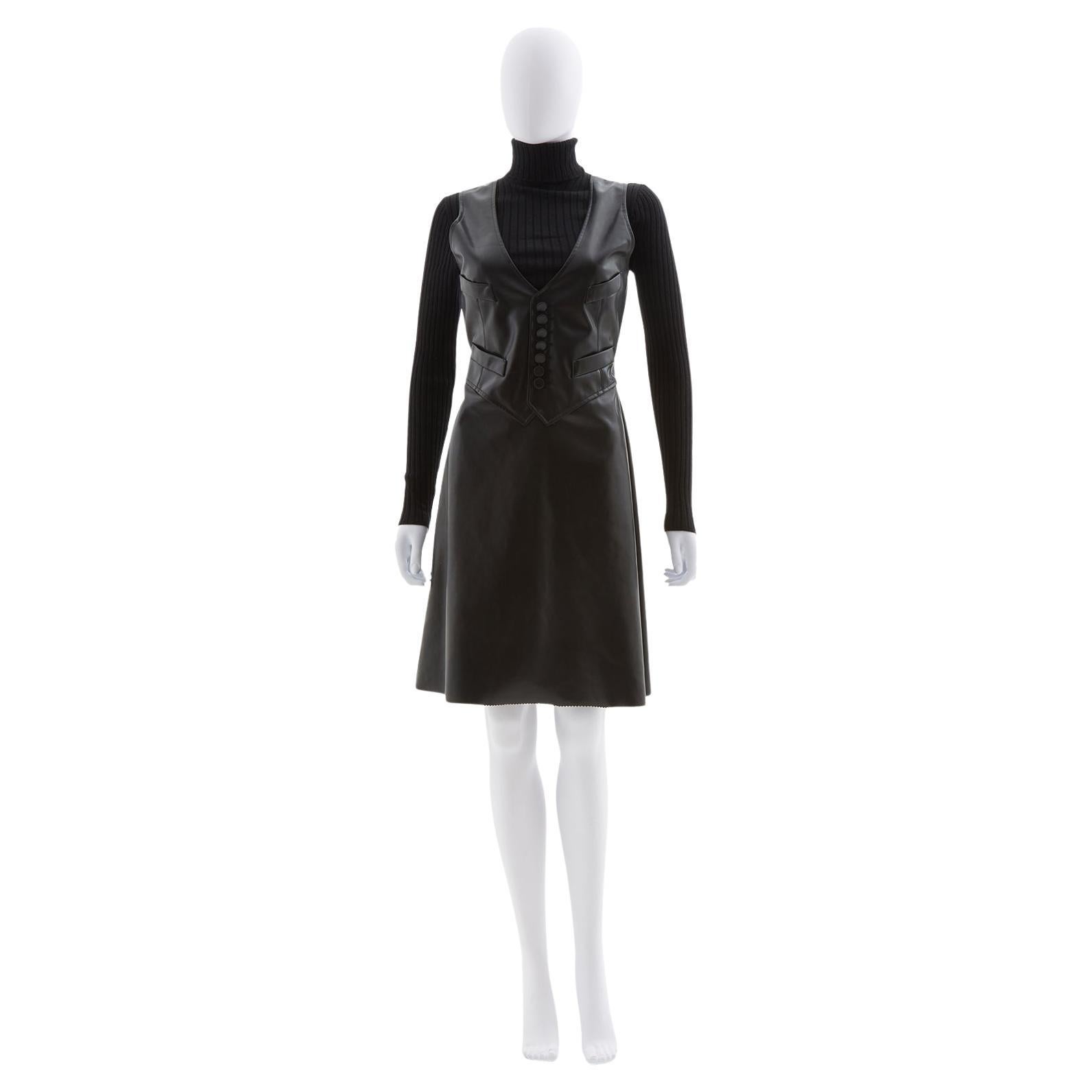 Jean Paul Gaultier black vegan leather & ribbed knit high-neck wool dress, ealry For Sale