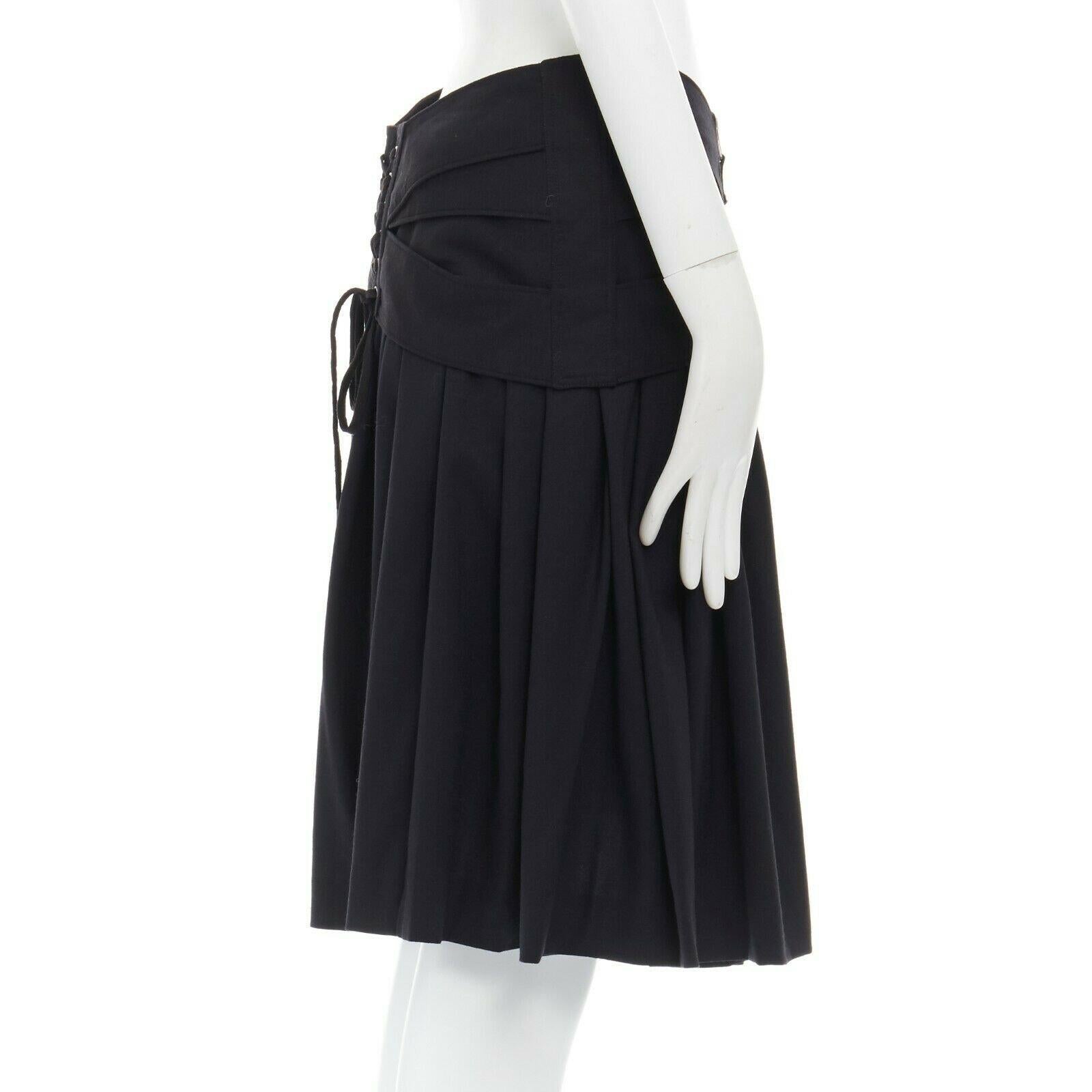 JEAN PAUL GAULTIER black virgin wool blend lace back corset belt knee skirt IT42 In Good Condition In Hong Kong, NT