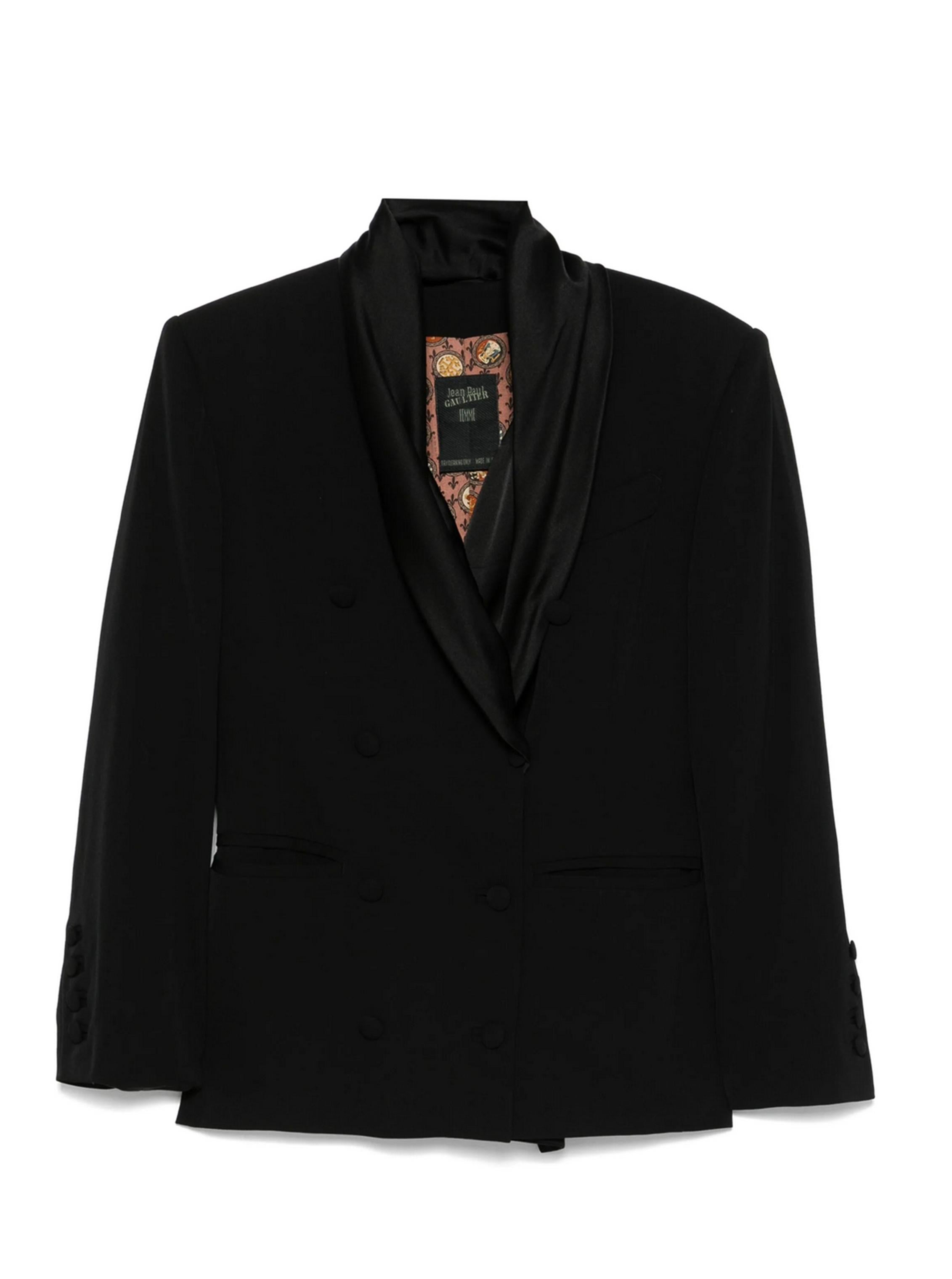 Jean Paul Gaultier 1990's black wool blazer featuring notched lapels, a front button fastening, a fancy printed lining, a silk satin wrapped collar, double-breasted button fastening, classic lapels, shoulder pads, an inside buttoned