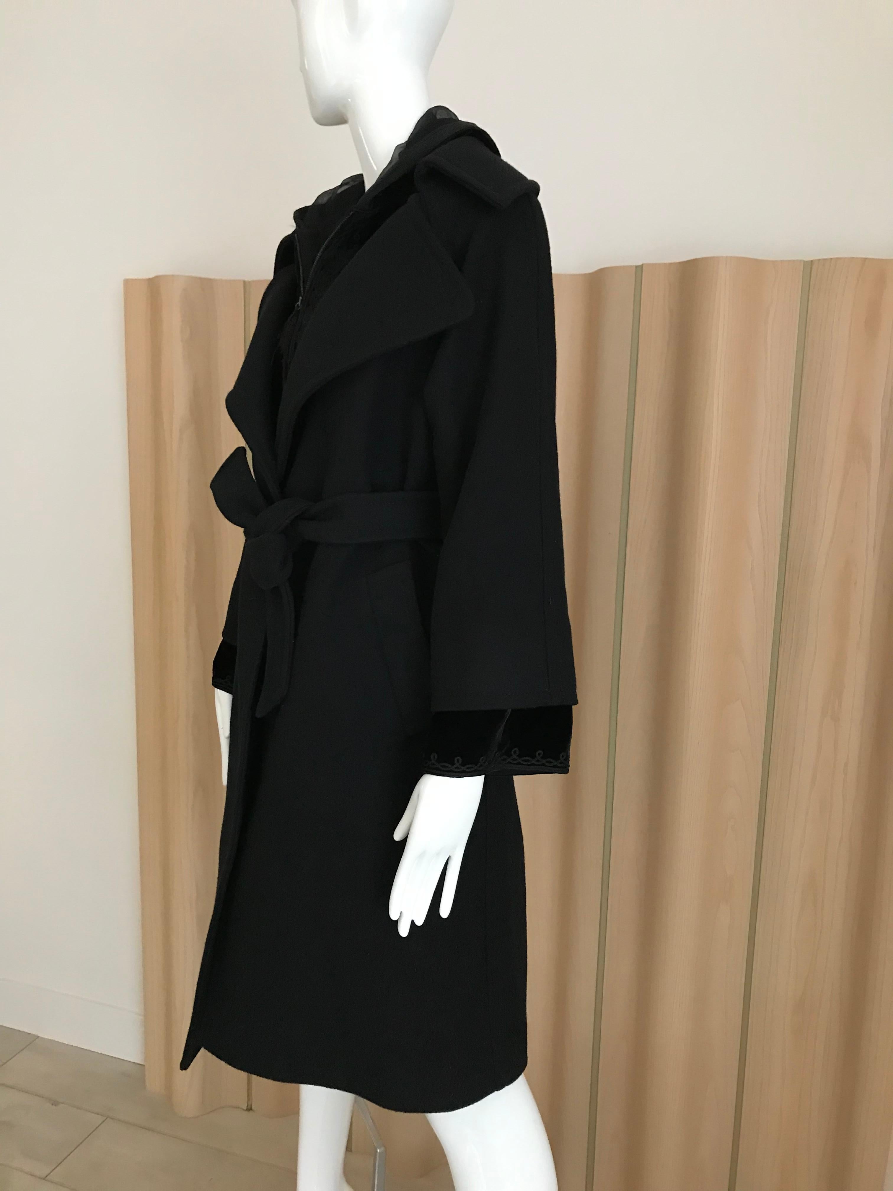Jean Paul Gaultier Black Wool Coat with Silk Velvet Layer and Hood 6